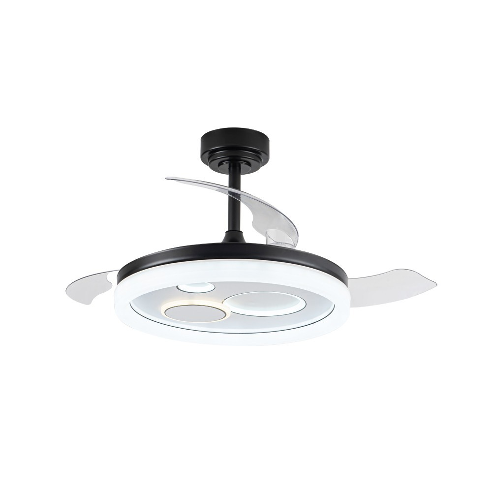 Ventilador de techo negro con aspas transparentes y luz LED integrada.