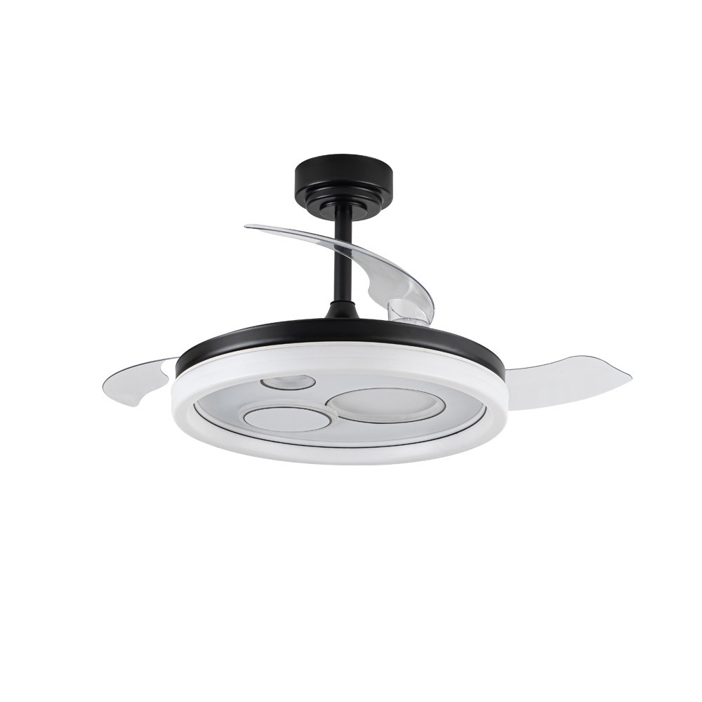 Ventilador de techo negro con aspas retráctiles y luz LED blanca.