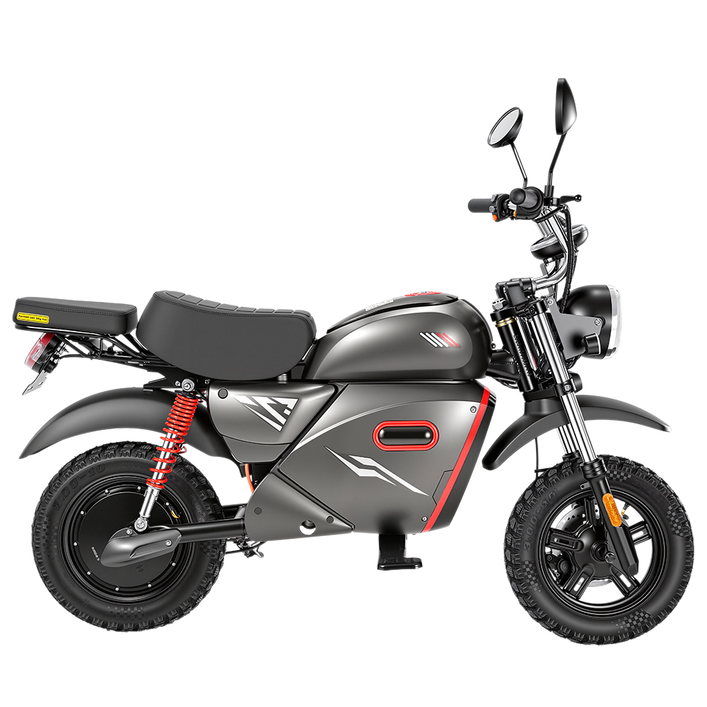 Szary motocykl elektryczny z czerwonymi akcentami i czarnymi oponami.