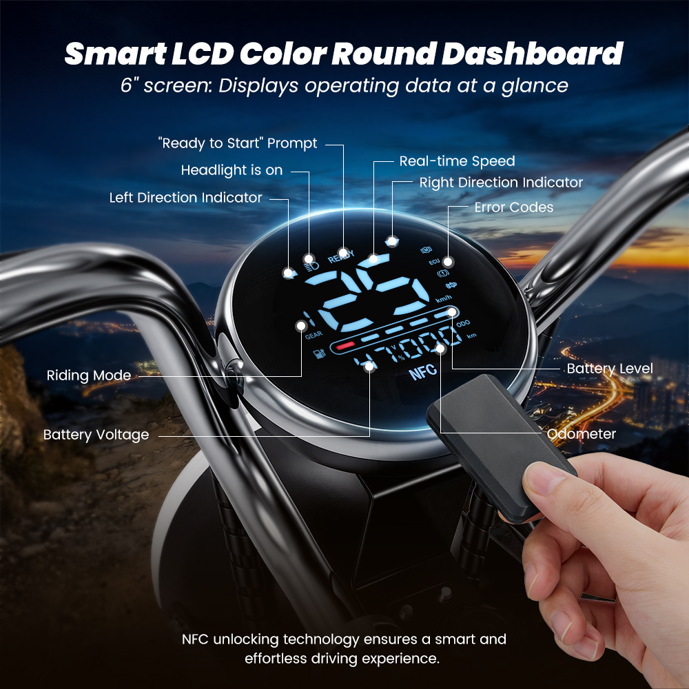 Inteligentny panel LCD pokazuje prędkość, baterię, bieg i wskaźniki.