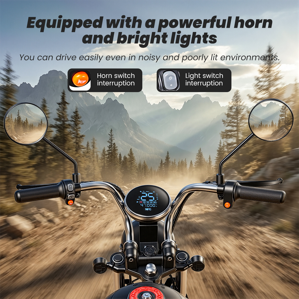 Kokpit motocykla z cyfrowym wyświetlaczem na górskiej drodze szutrowej.