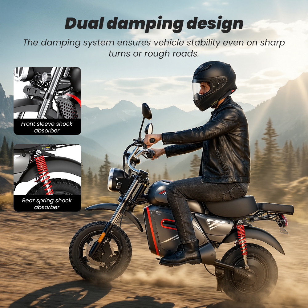 Mężczyzna jedzie motocyklem po polnej drodze, zbliżenia amortyzatorów.