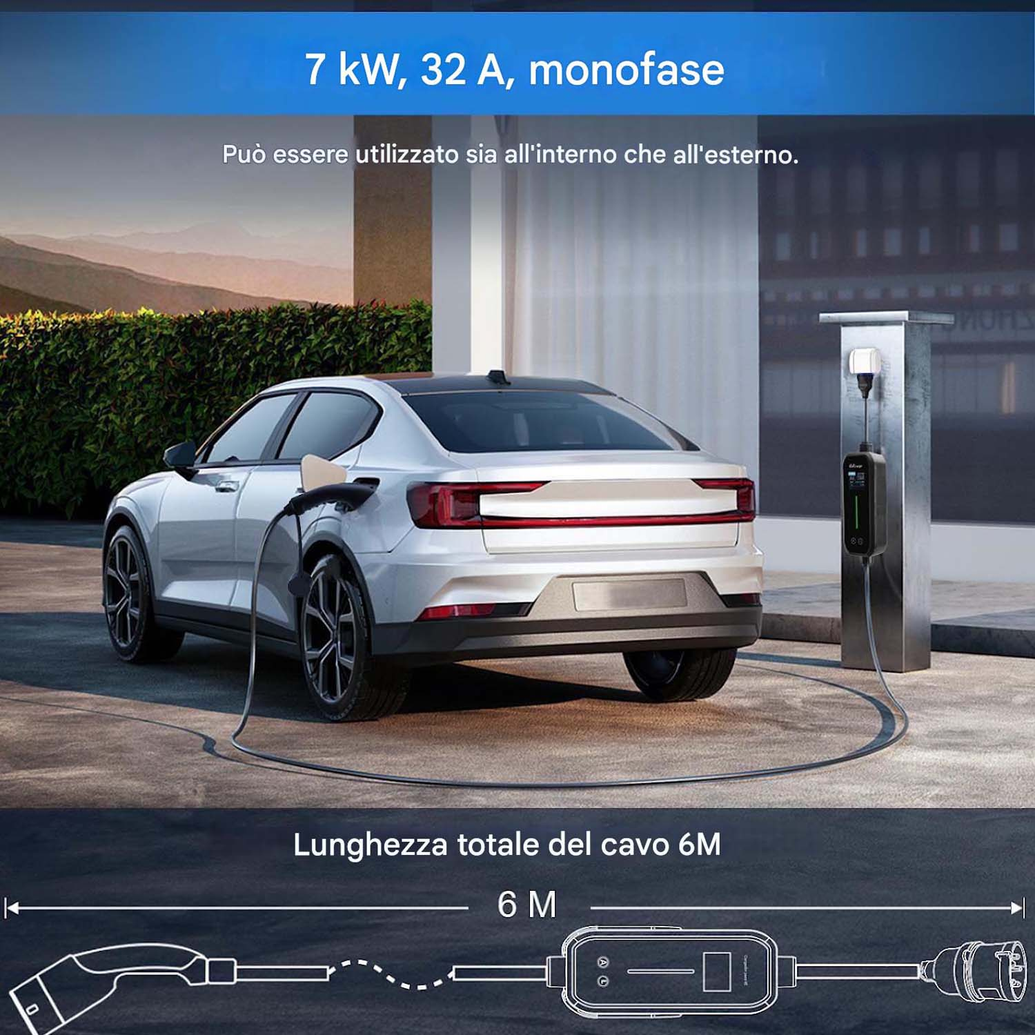 Auto elettrica argento in carica alla stazione, 7kW, 32A, monofase.