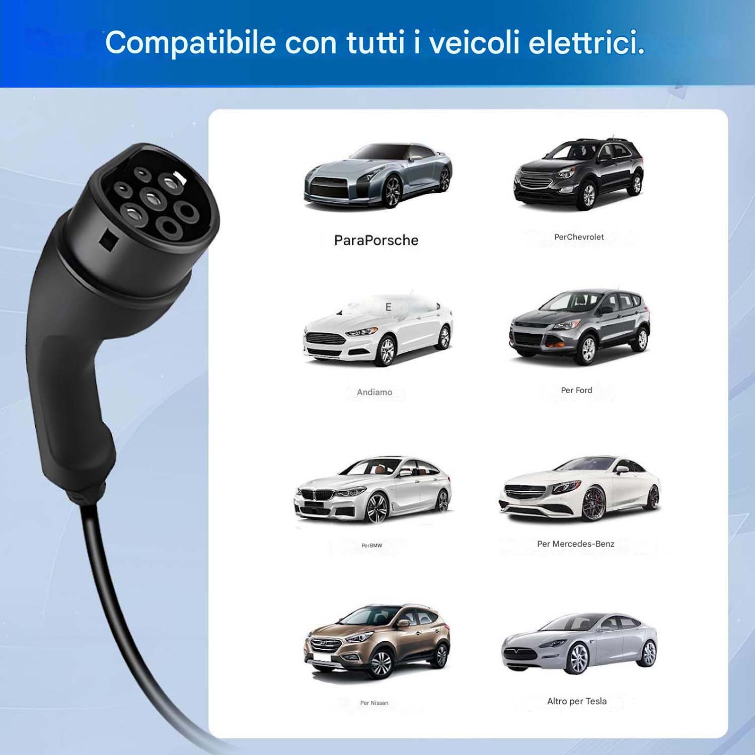 Una spina di ricarica nera accanto a varie auto elettriche.