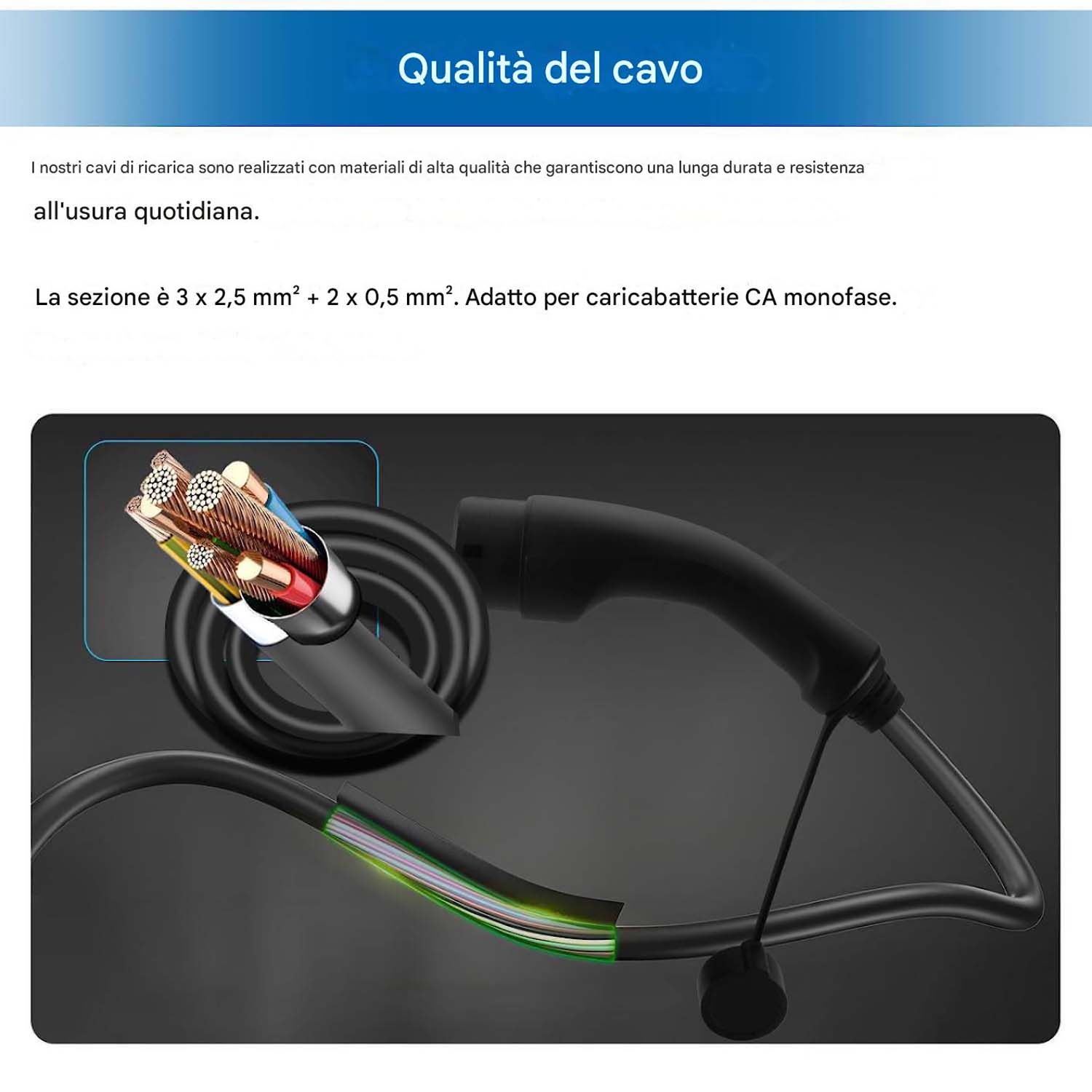 Un cavo con più conduttori in rame e fili colorati, per caricabatterie.