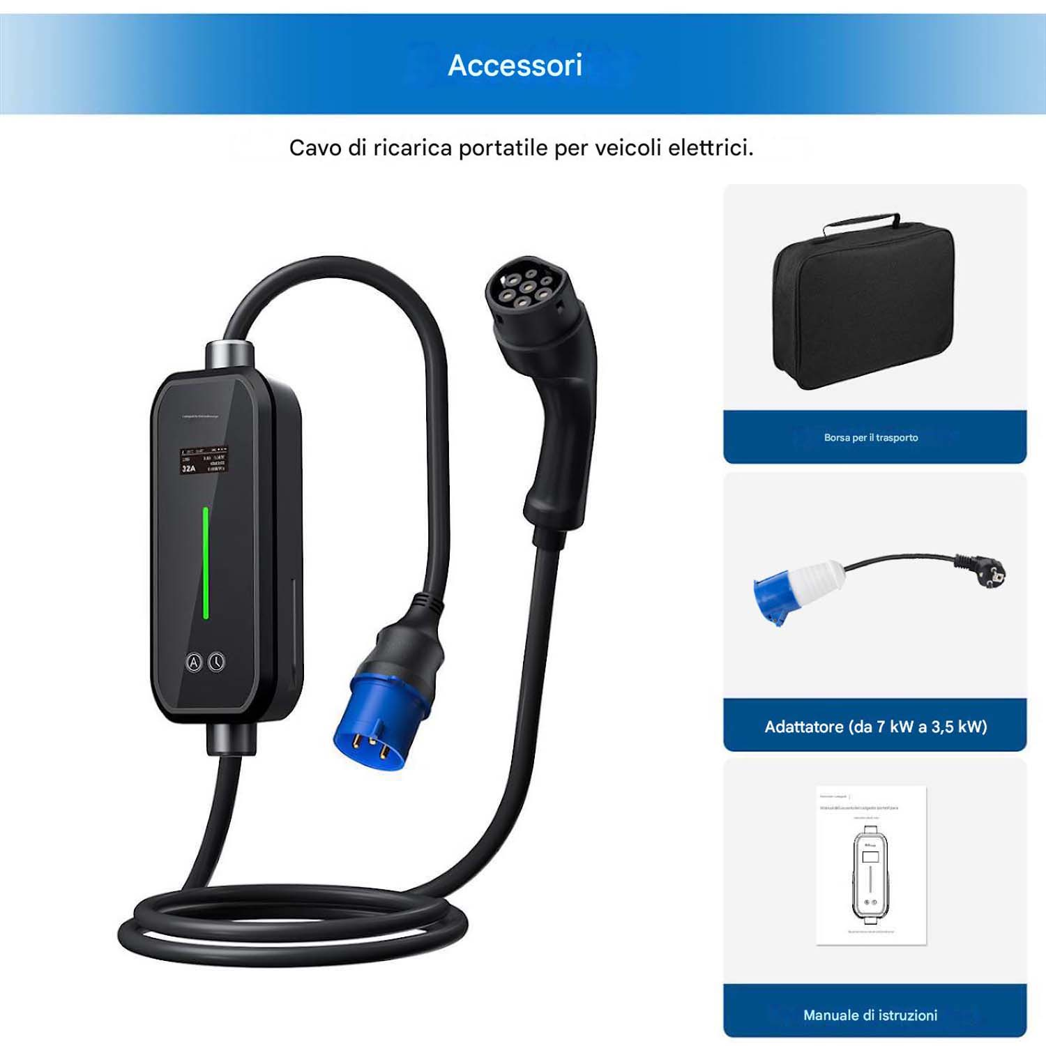 Cavo di ricarica nero con borsa, adattatore e manuale per veicoli elettrici.