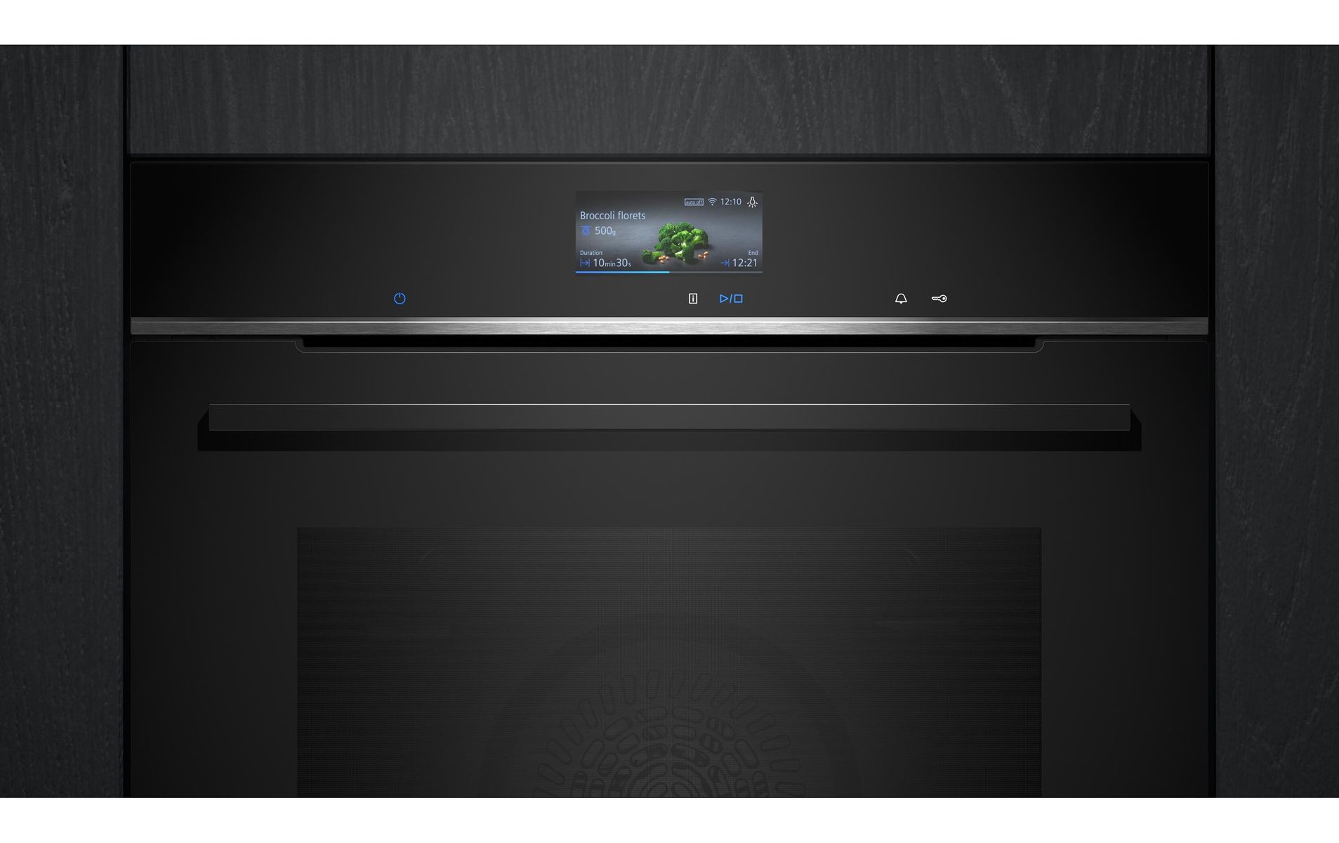 Wyświetlacz piekarnika pokazuje różyczki brokuła, 500g, czas 10:30, koniec 12:21.