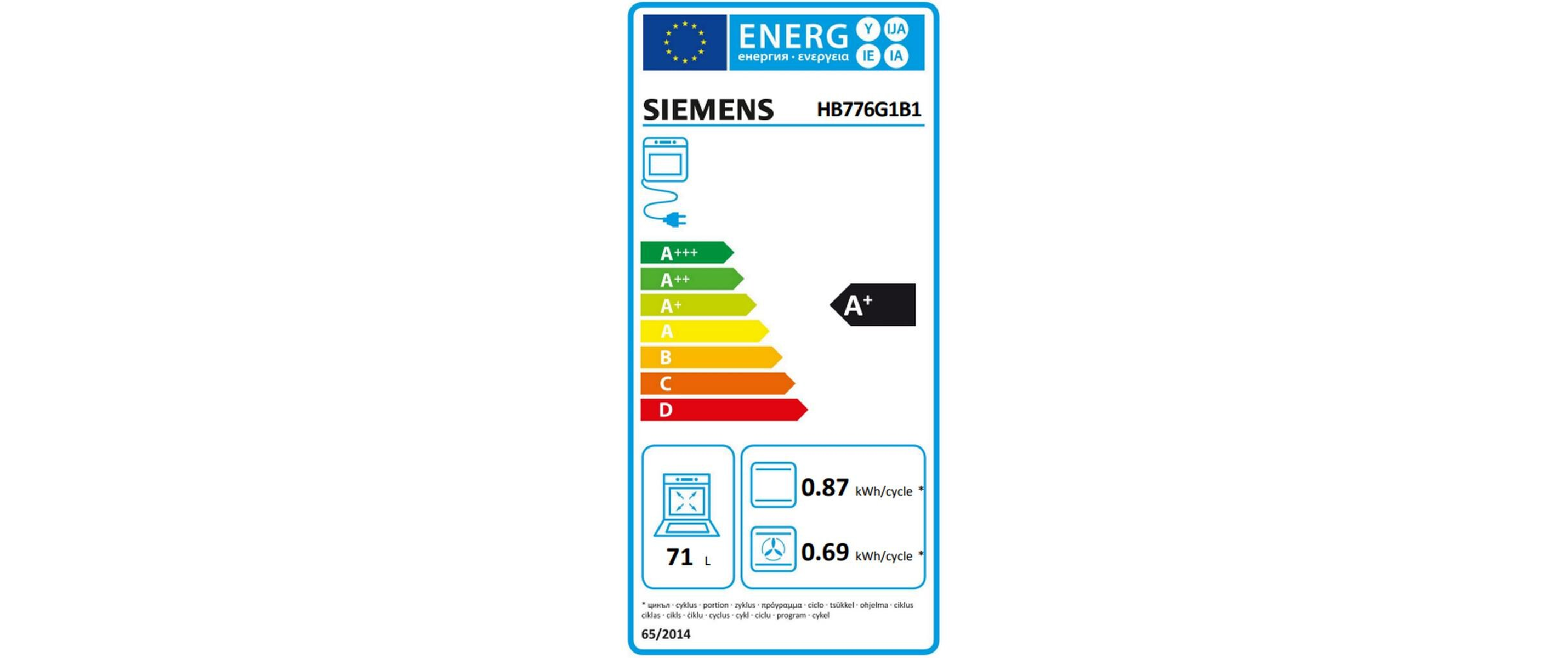 Etykieta energetyczna Siemens HB776G1B1 z oceną A+ i wartościami zużycia.