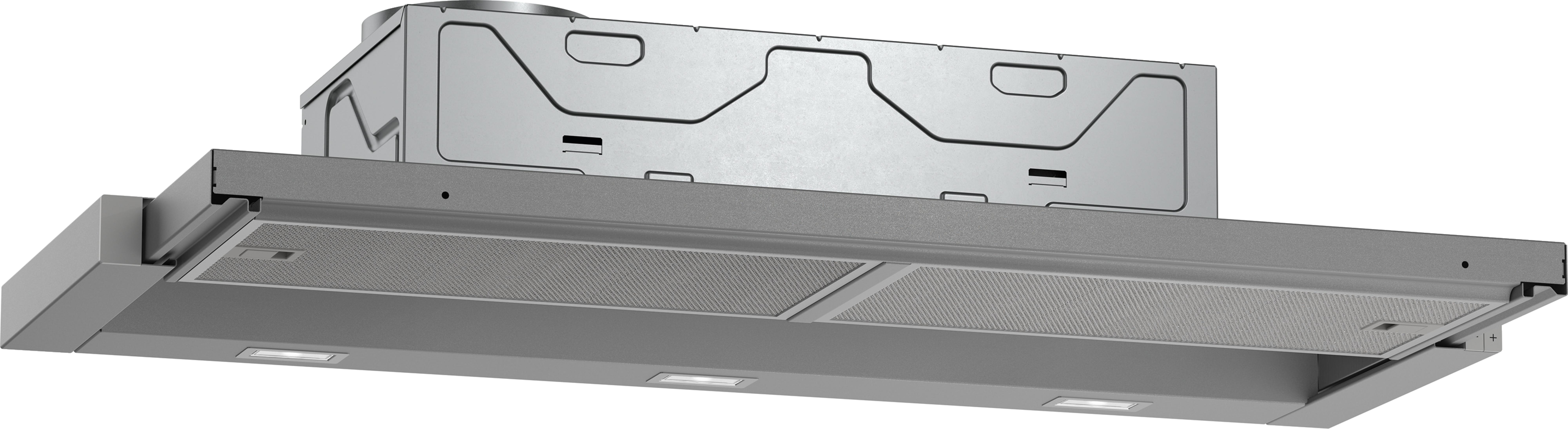 Eine Dunstabzugshaube aus Metall mit Filtern und Lichtern.