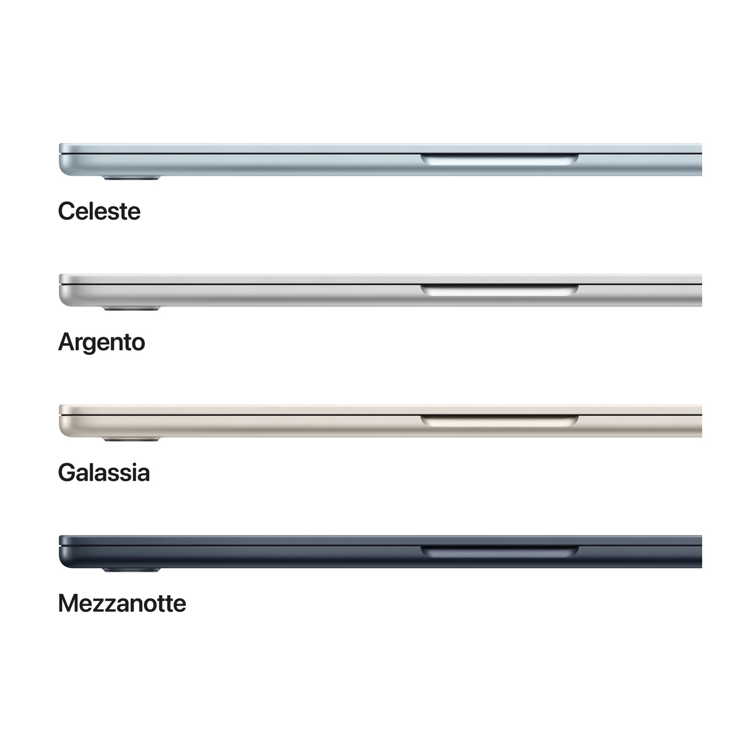 Cztery laptopy w kolorach Celeste, Argento, Galassia i Mezzanotte.