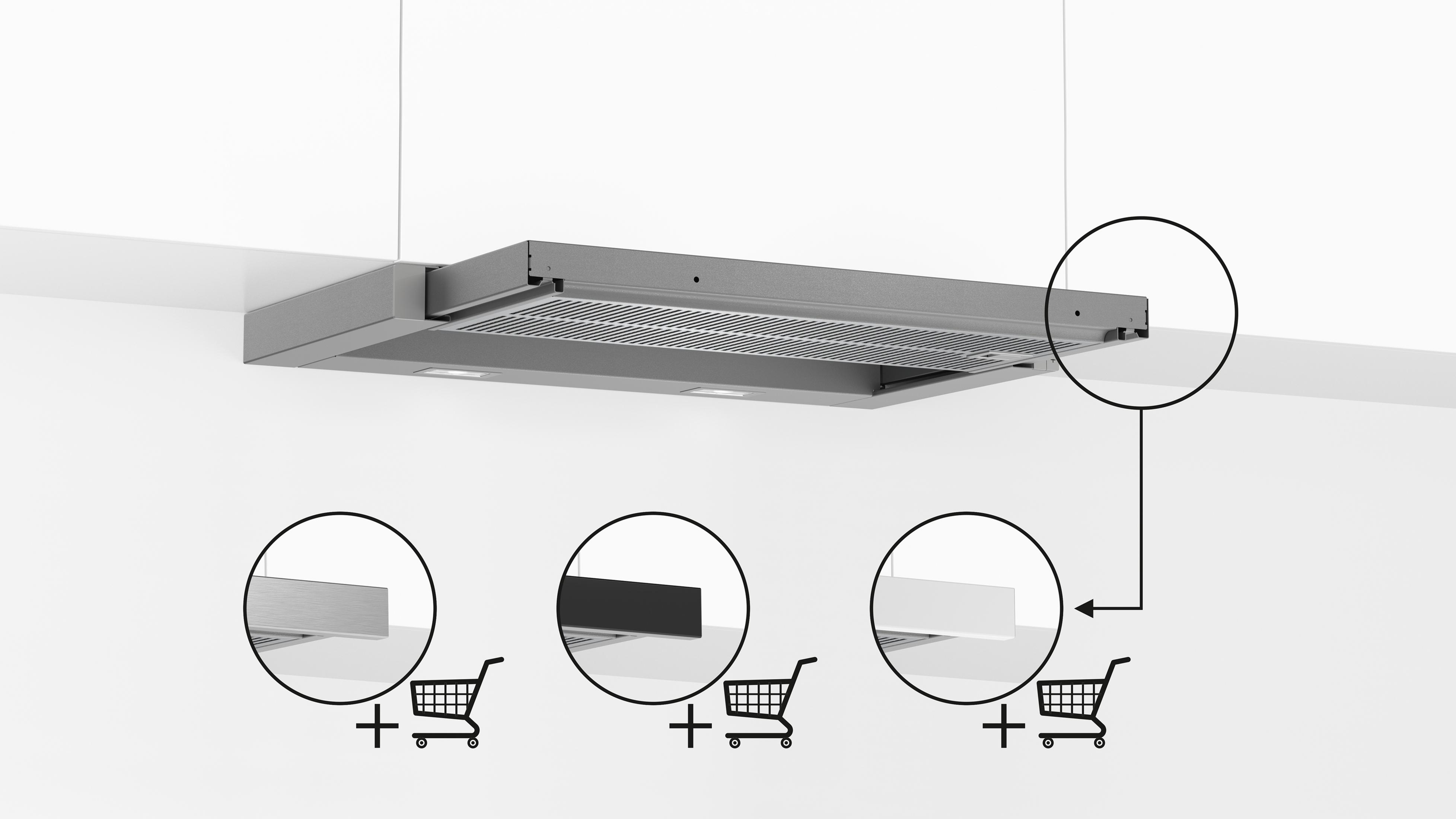 Hotte aspirante grise avec trois options d'accessoires : argent, noir et blanc.