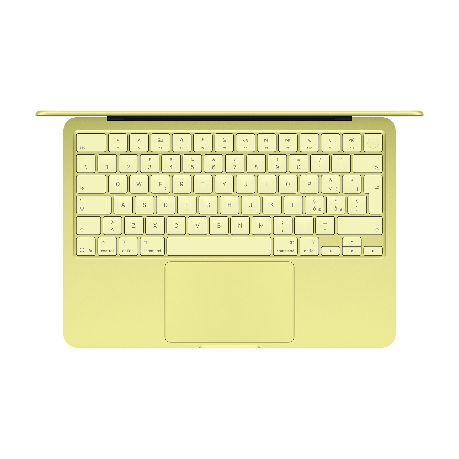 Żółty MacBook Apple widziany z góry, skupiony na klawiaturze i gładziku.