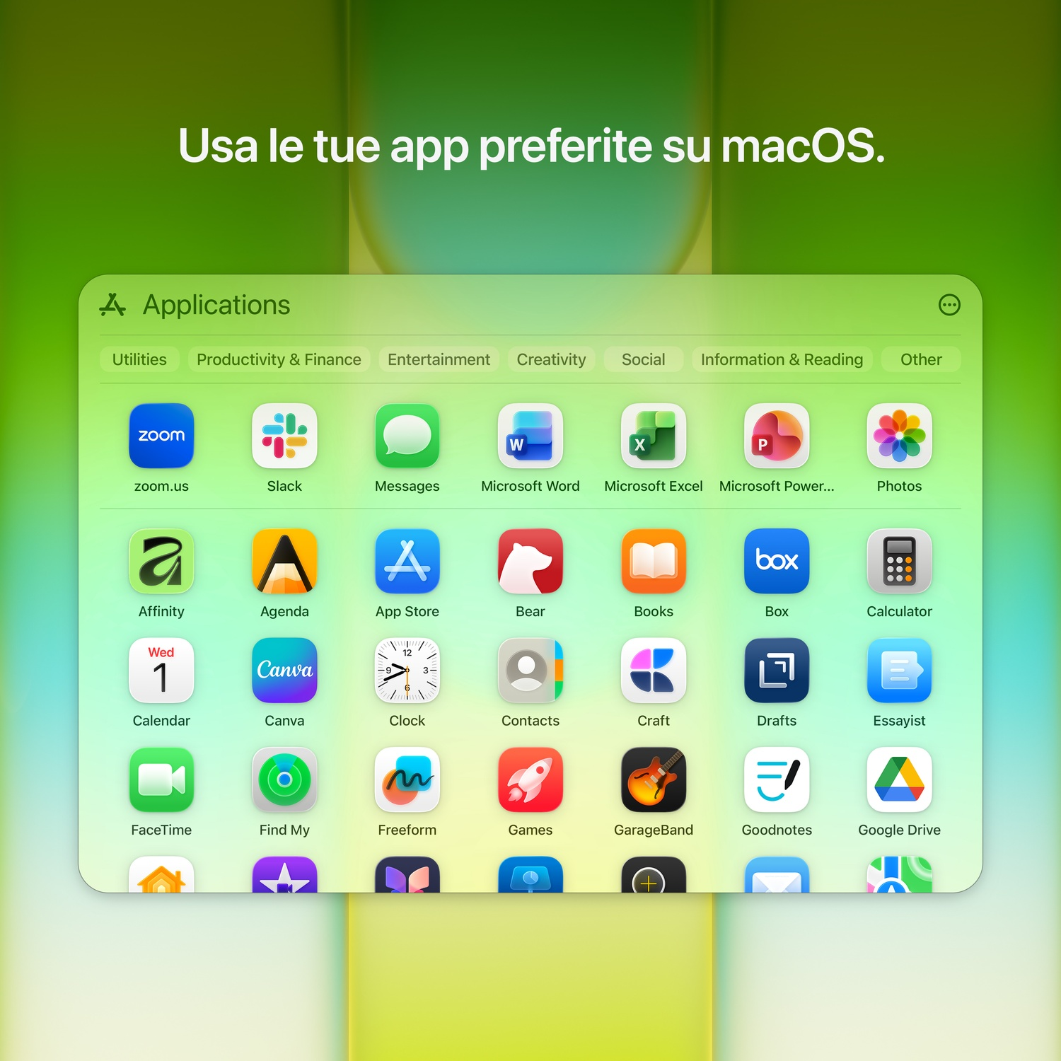 Okno macOS wyświetla wiele ikon aplikacji, w tym Zoom, Slack, Word i Zdjęcia.