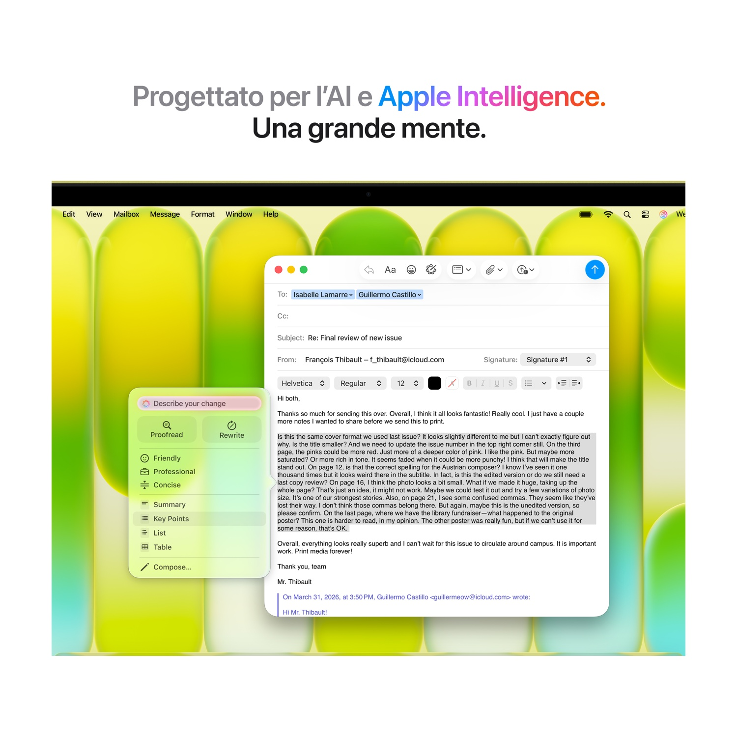 Okno e-mail na Macu z zielono-żółtą grafiką tła.