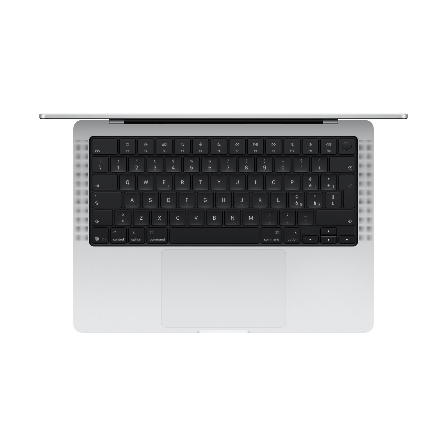 Srebrny laptop widziany z góry, pokazujący klawiaturę i gładzik.