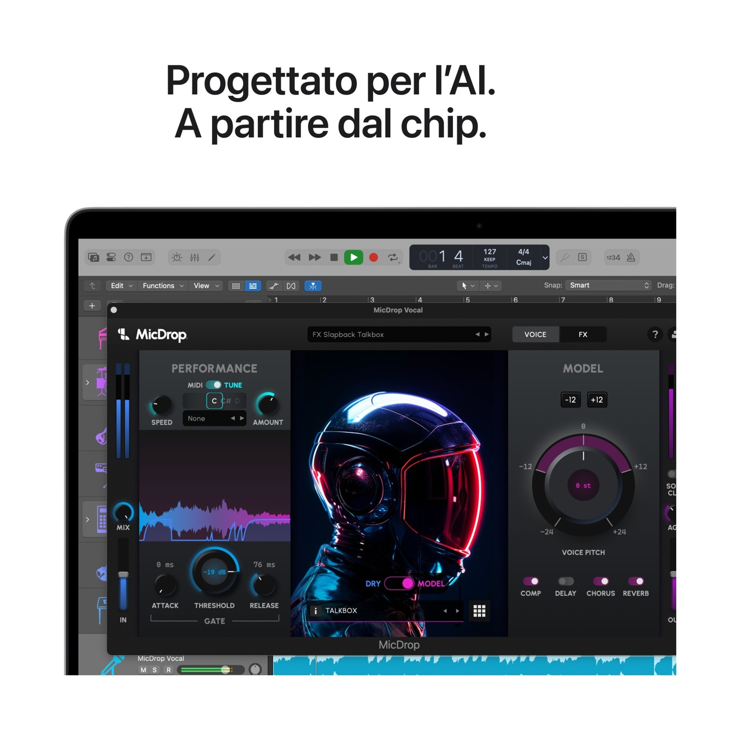 Laptop wyświetla oprogramowanie muzyczne z głową astronauty i parametrami audio.