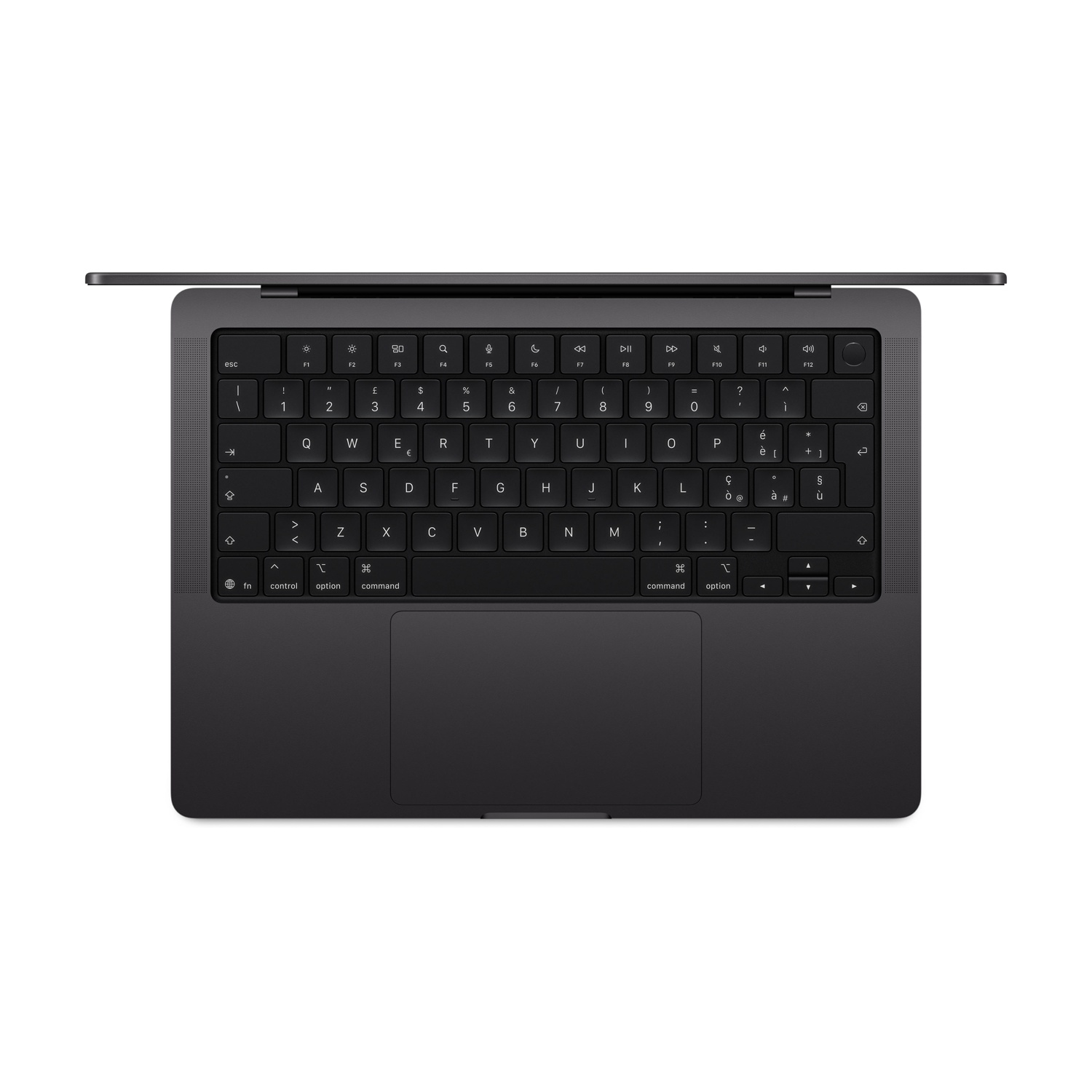 Ciemnoszary MacBook z otwartą pokrywą, widoczna klawiatura i gładzik.