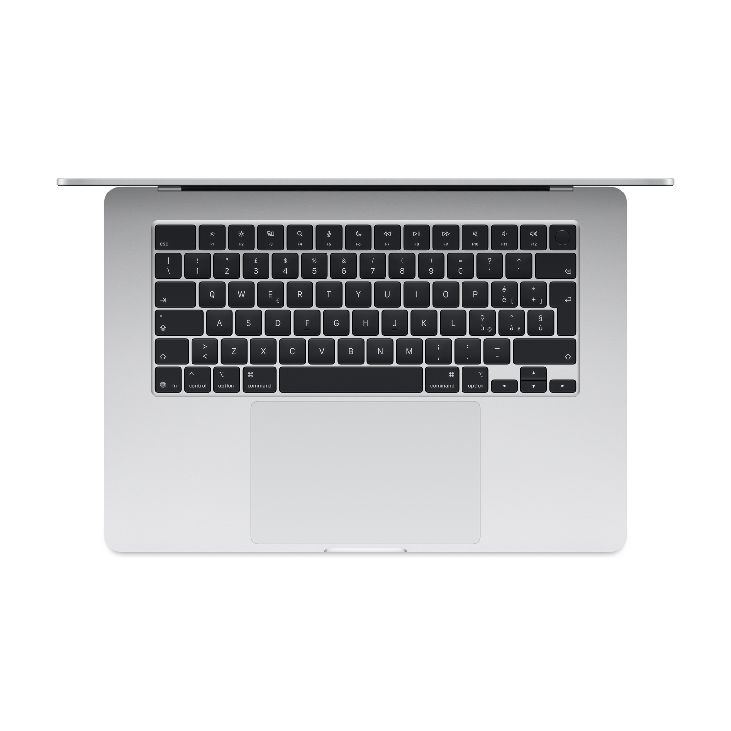 Un MacBook argentato aperto con tastiera nera e ampio trackpad.