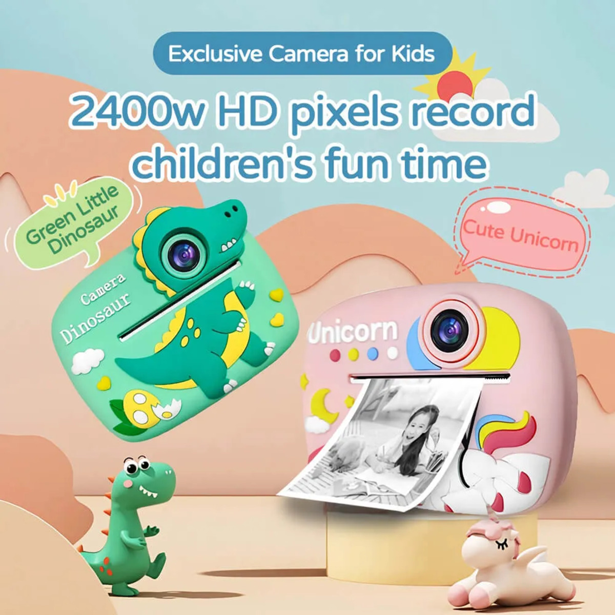 Cámaras infantiles: cámaras de dinosaurio verde y unicornio rosa imprimiendo fotos.