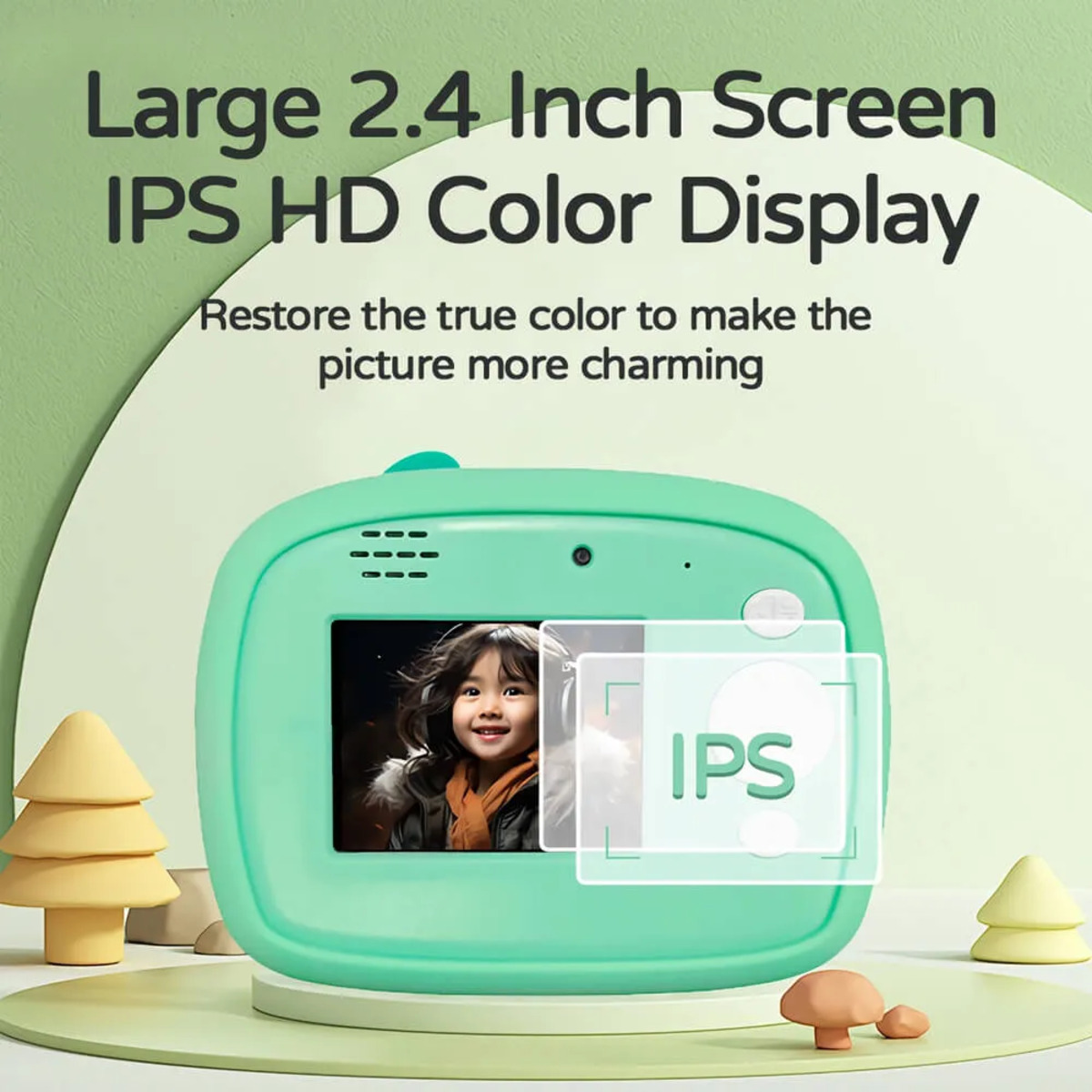 Cámara verde con pantalla a color IPS HD de 2,4 pulgadas, muestra un niño sonriendo.