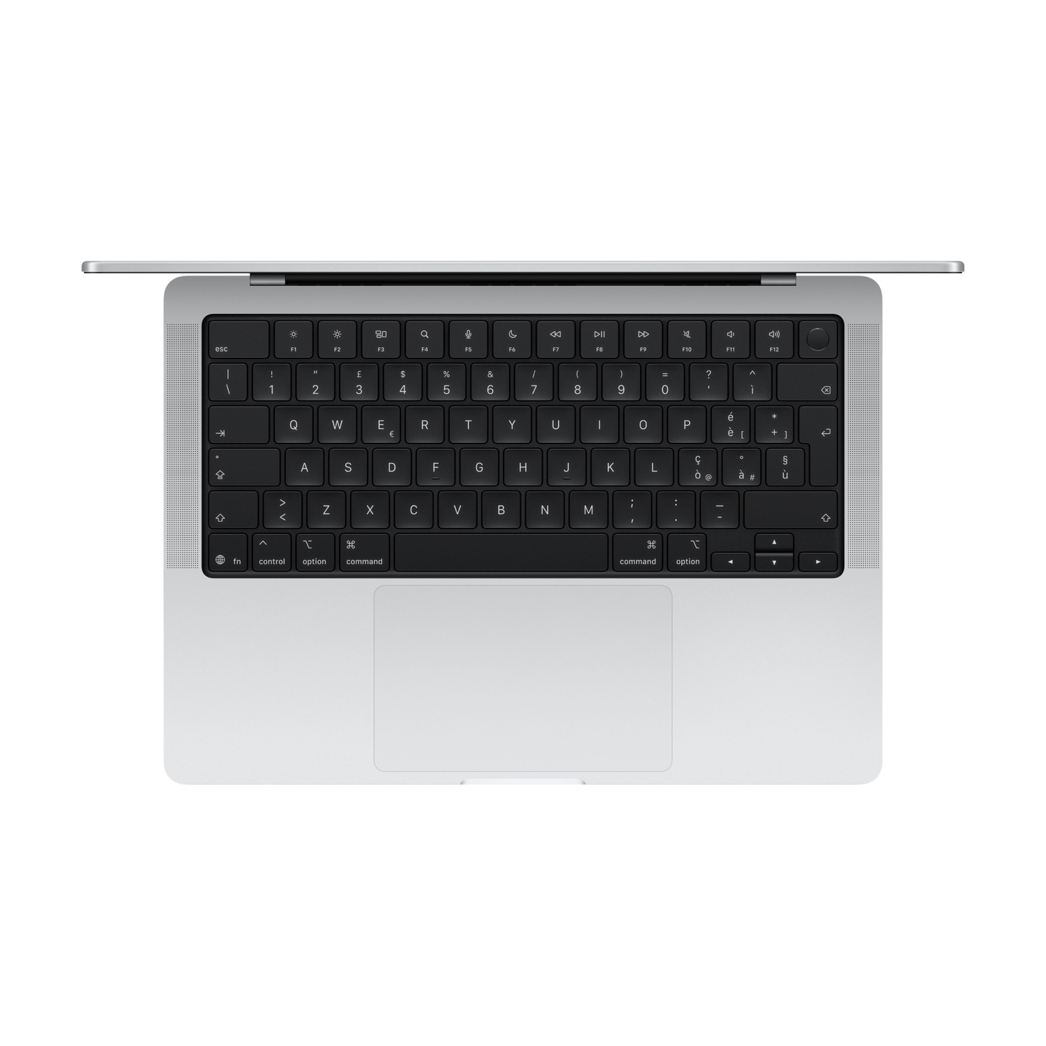 Otwarty srebrny laptop z czarną klawiaturą i gładzikiem, widok z góry.