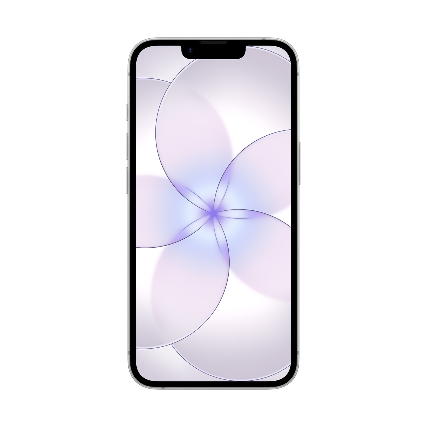 Ein silbernes Smartphone mit einer abstrakten, blauen und weißen Tapete.