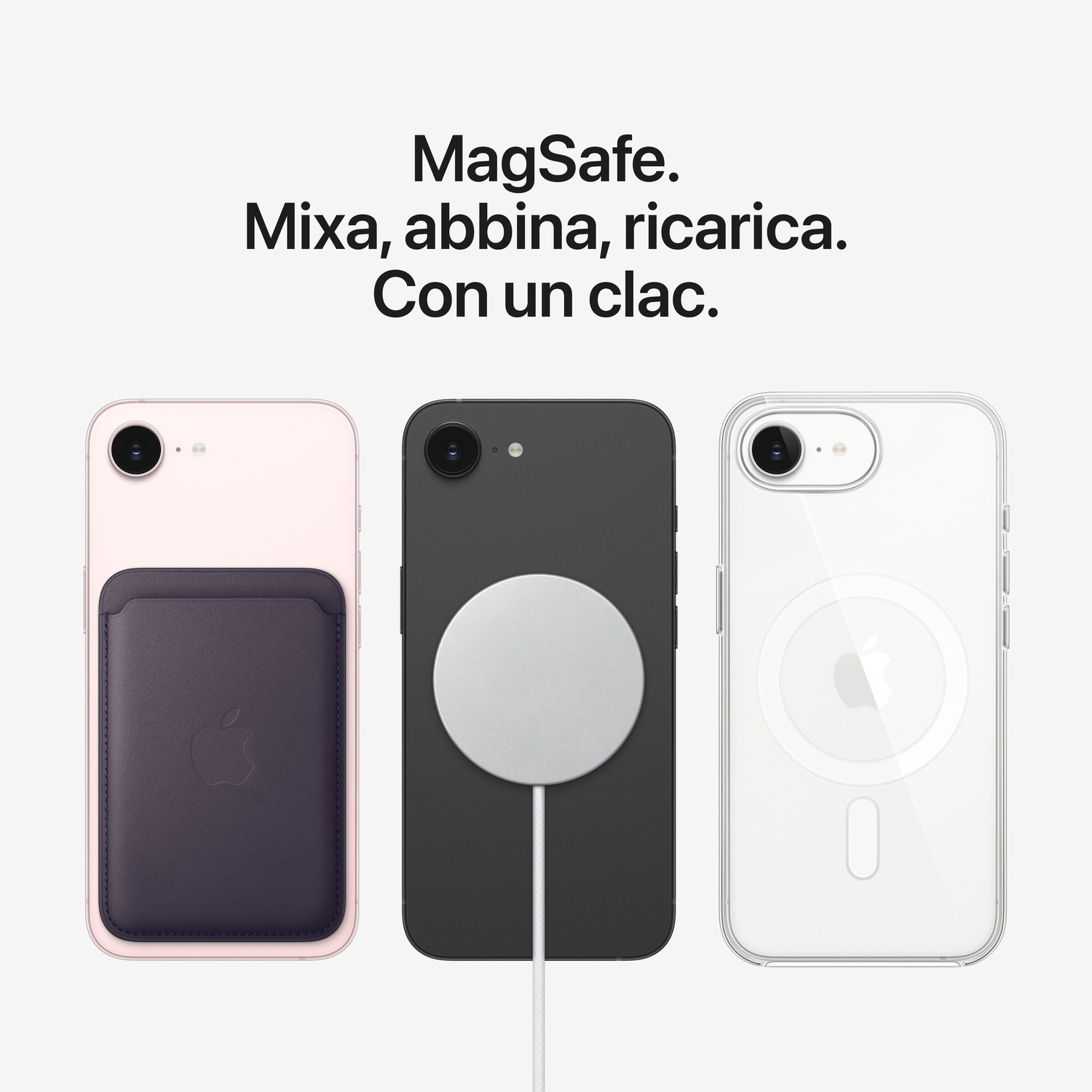 Trzy iPhone obok siebie: różowy z portfelem, czarny z ładowarką, przezroczysty z etui.