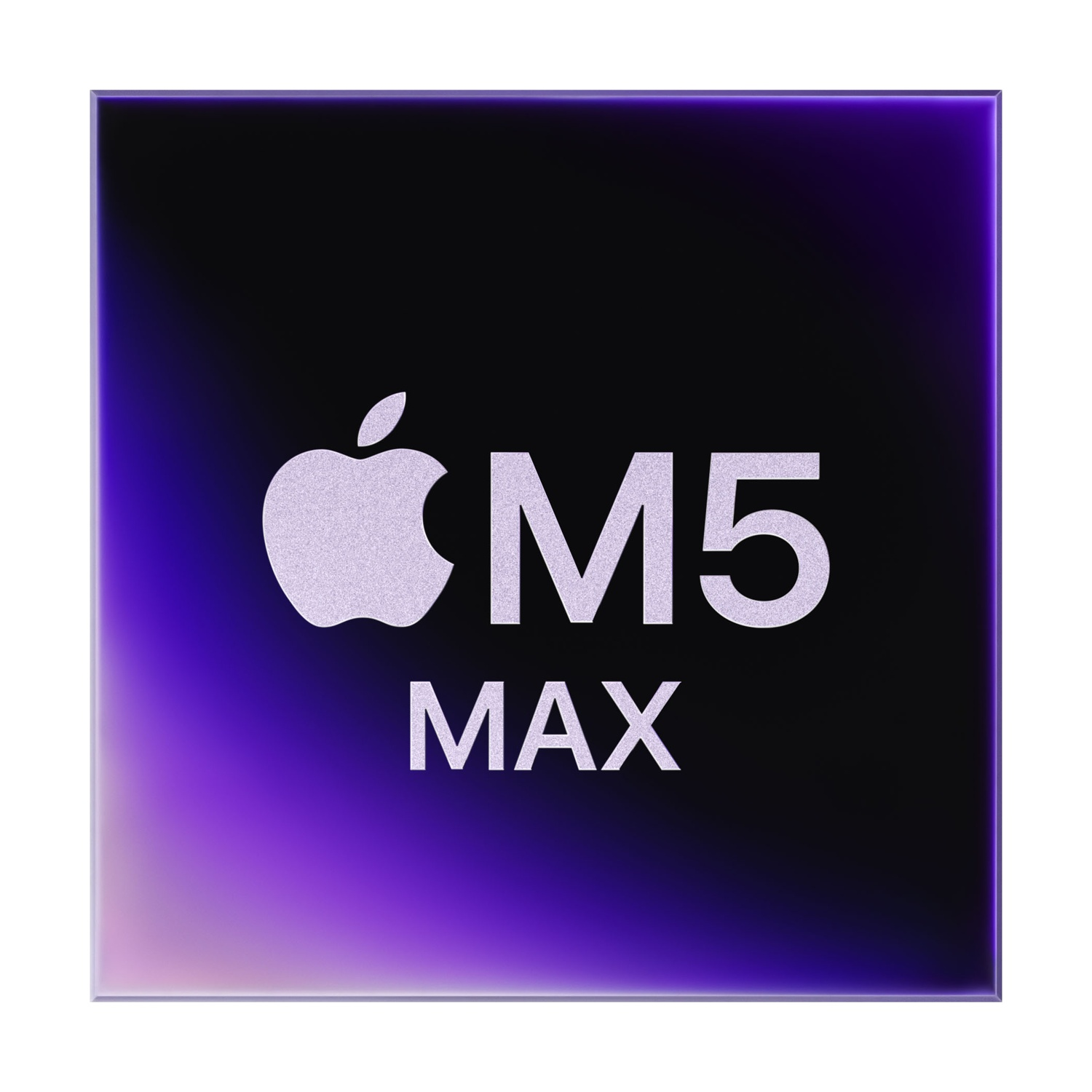 Logo Apple i M5 MAX na czarnym tle z fioletową aurą.