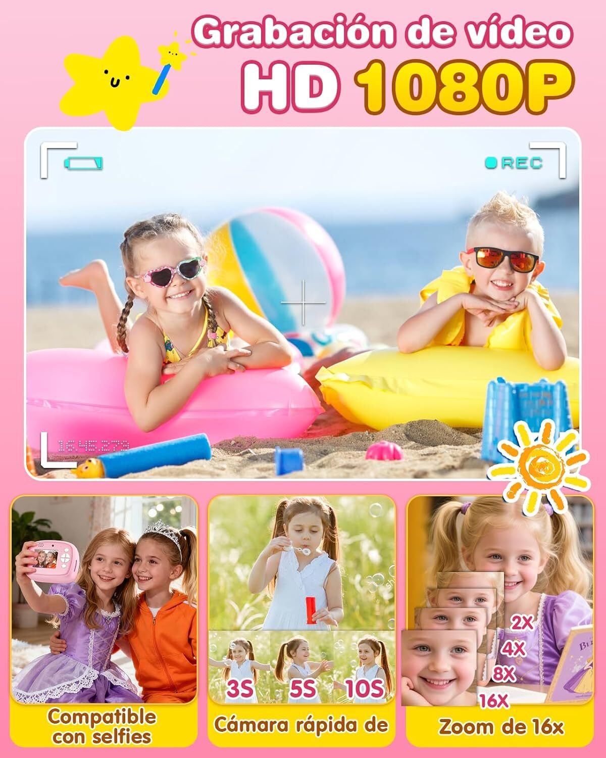 Niños en la playa, toma estilo cámara de video destacando varias funciones.