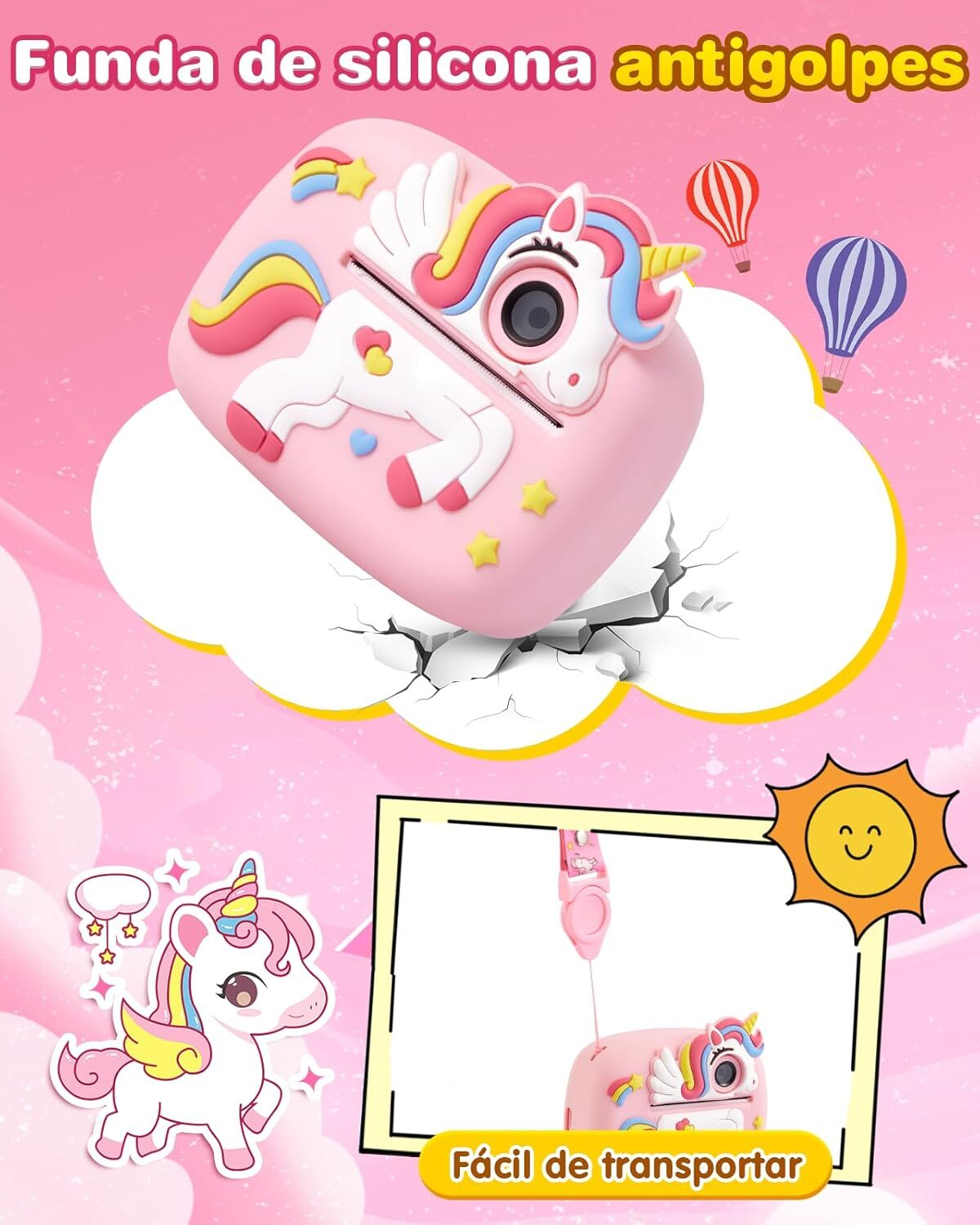 Funda rosa con diseño de unicornio para auriculares. Incluye ilustraciones y globos aerostáticos.