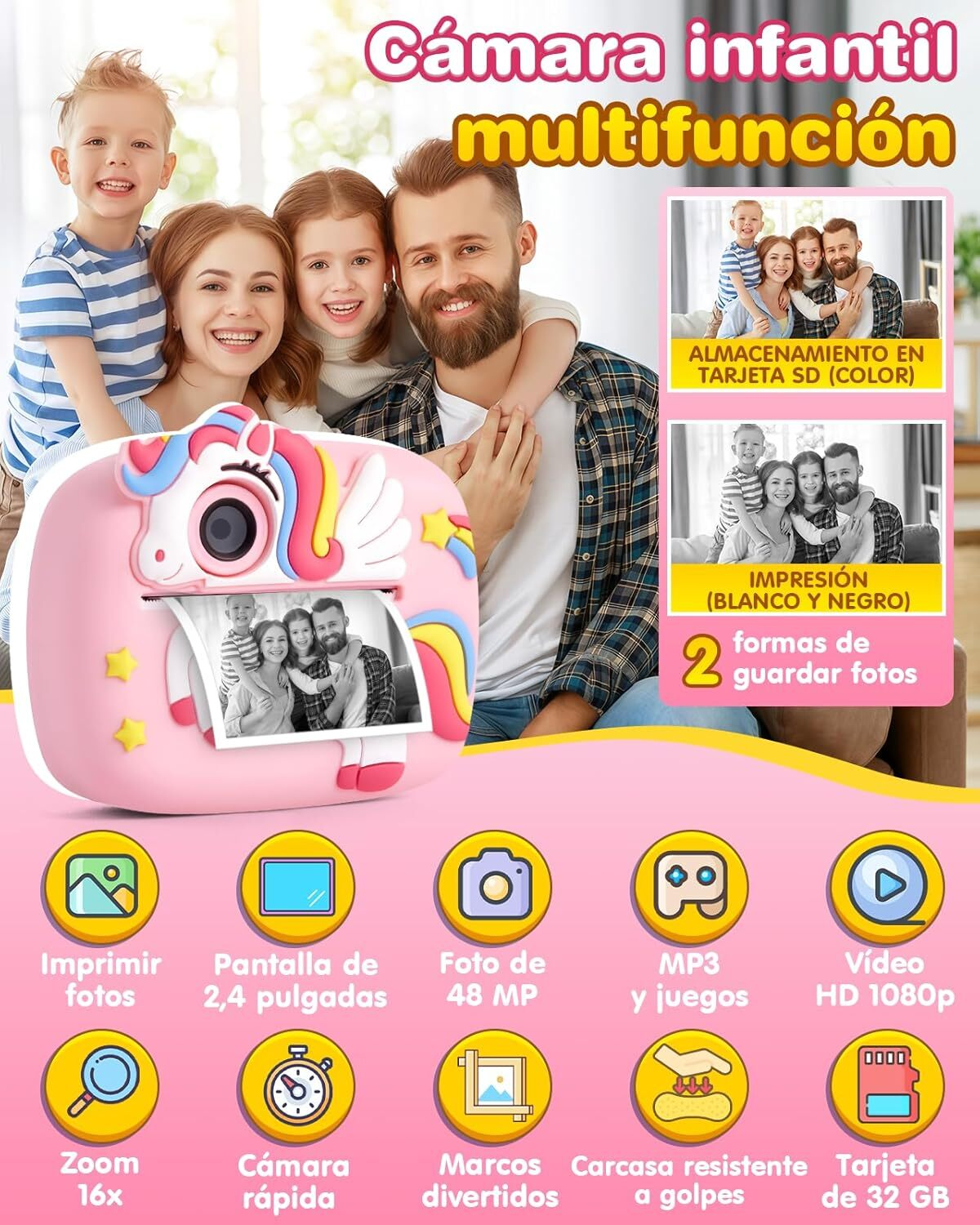 Cámara unicornio rosa con familia, opciones de impresión, funciones.