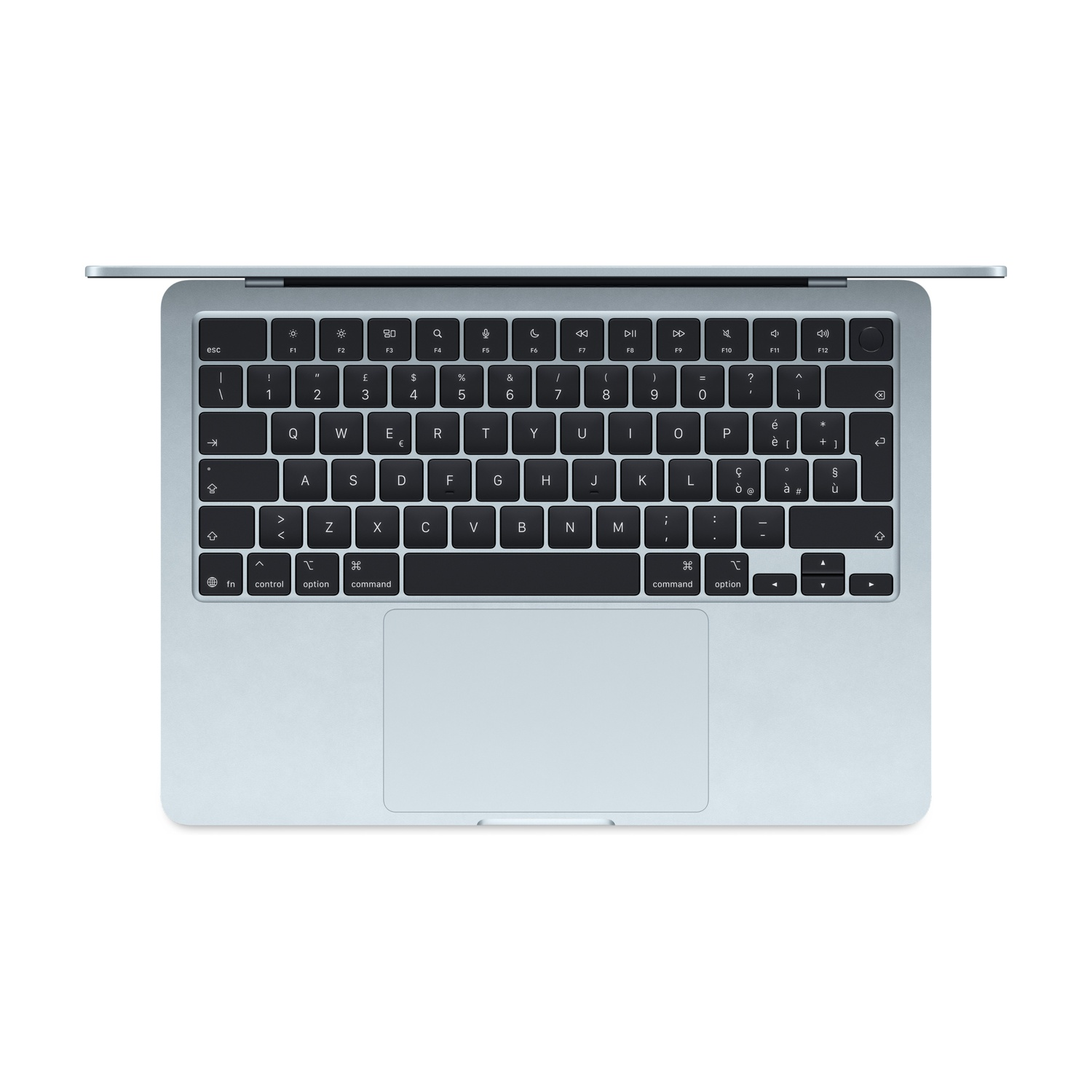 Jasnoniebieski MacBook z klawiaturą i gładzikiem na białym tle.