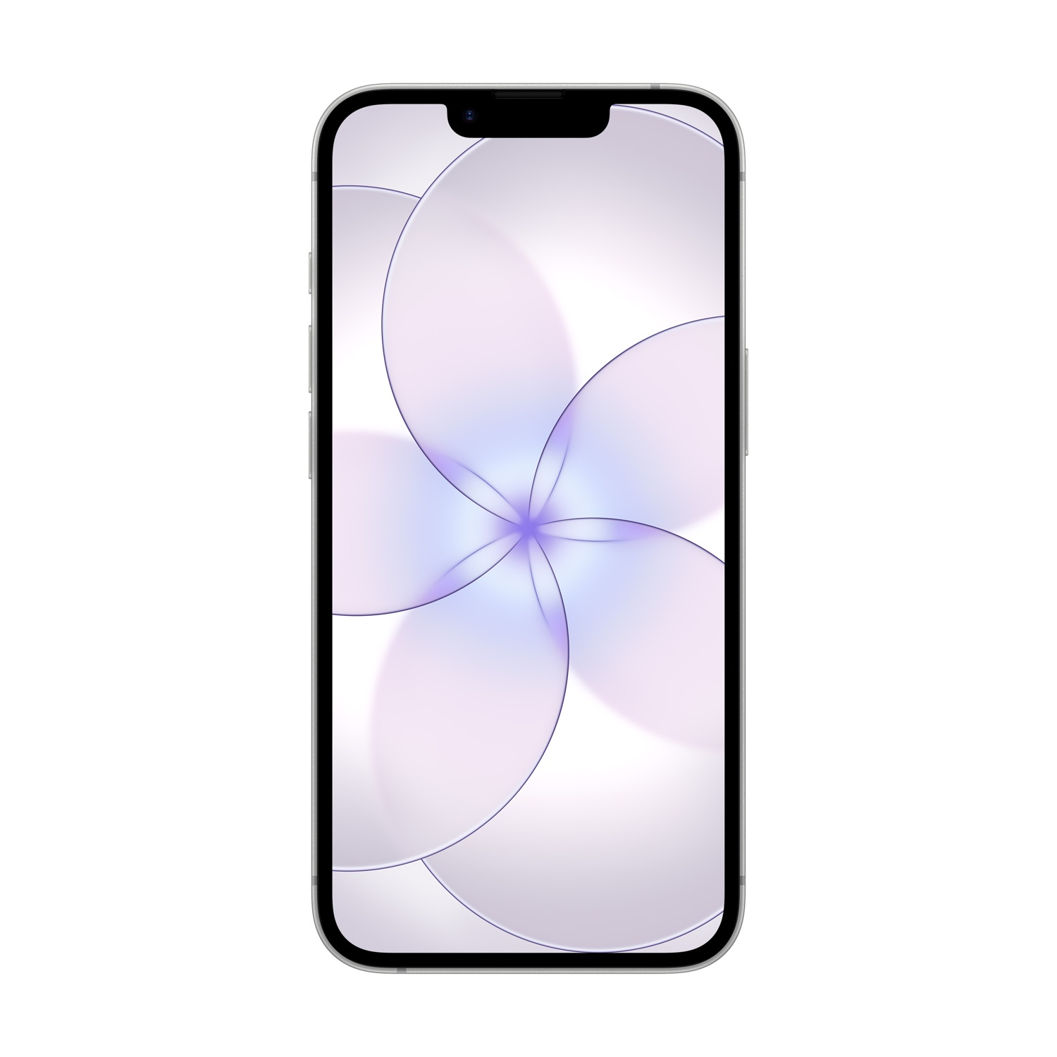 Srebrny smartfon z abstrakcyjnym fioletowo-białym tłem.