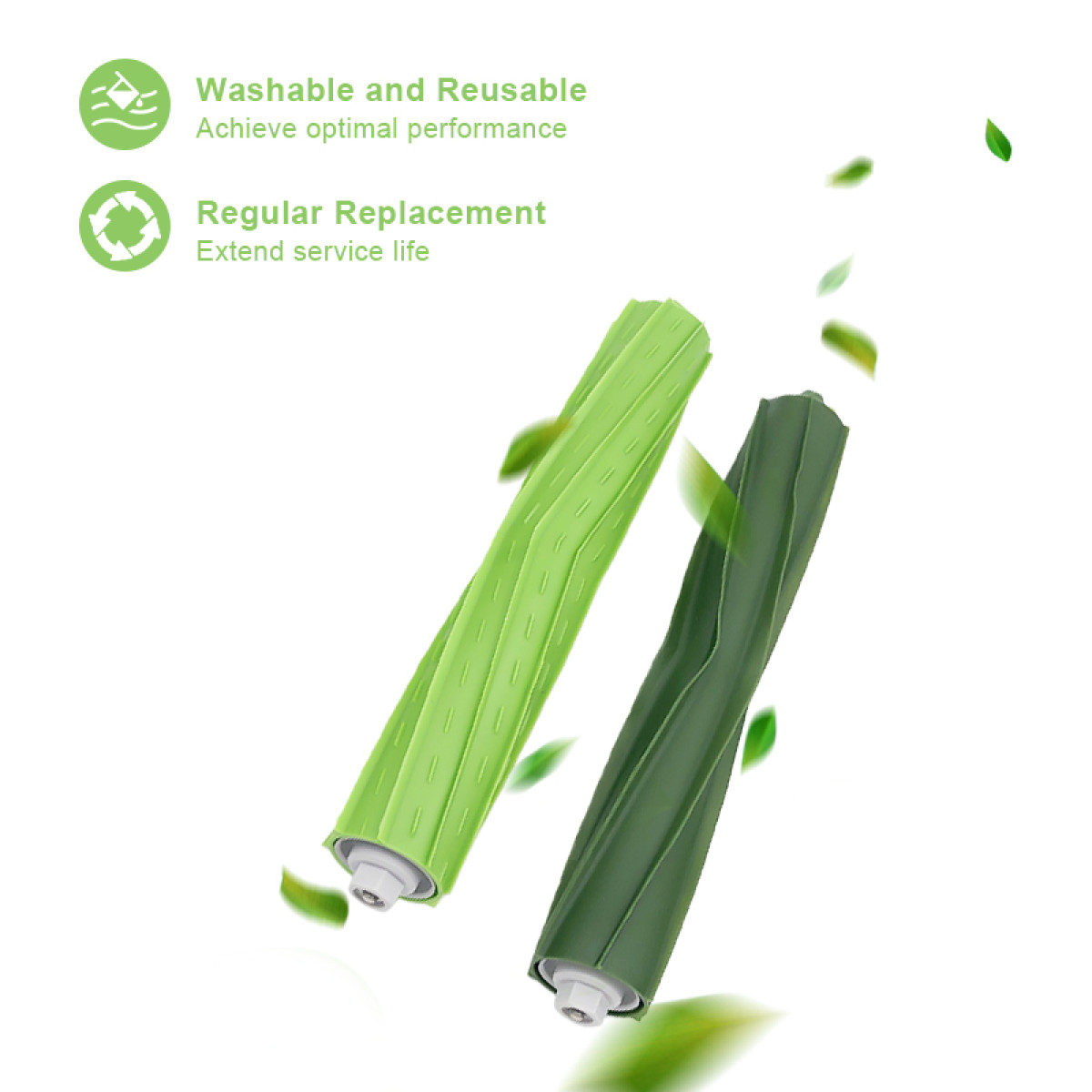 Dwa zielone wałki szczotki, jeden jasny, jeden ciemny, z liśćmi.