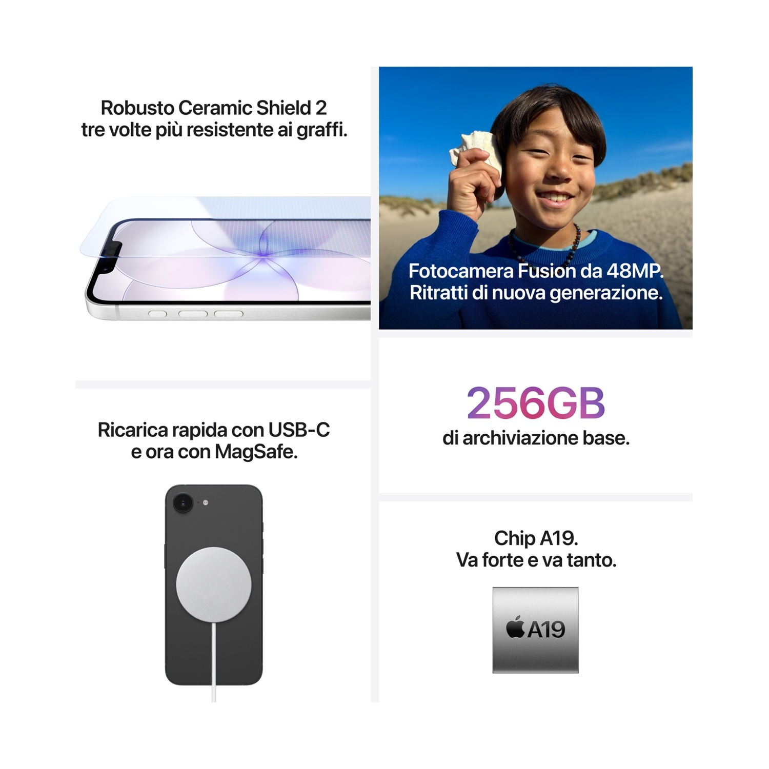 Chłopiec trzyma muszlę przy uchu. iPhone z Ceramic Shield i kablem ładującym MagSafe.