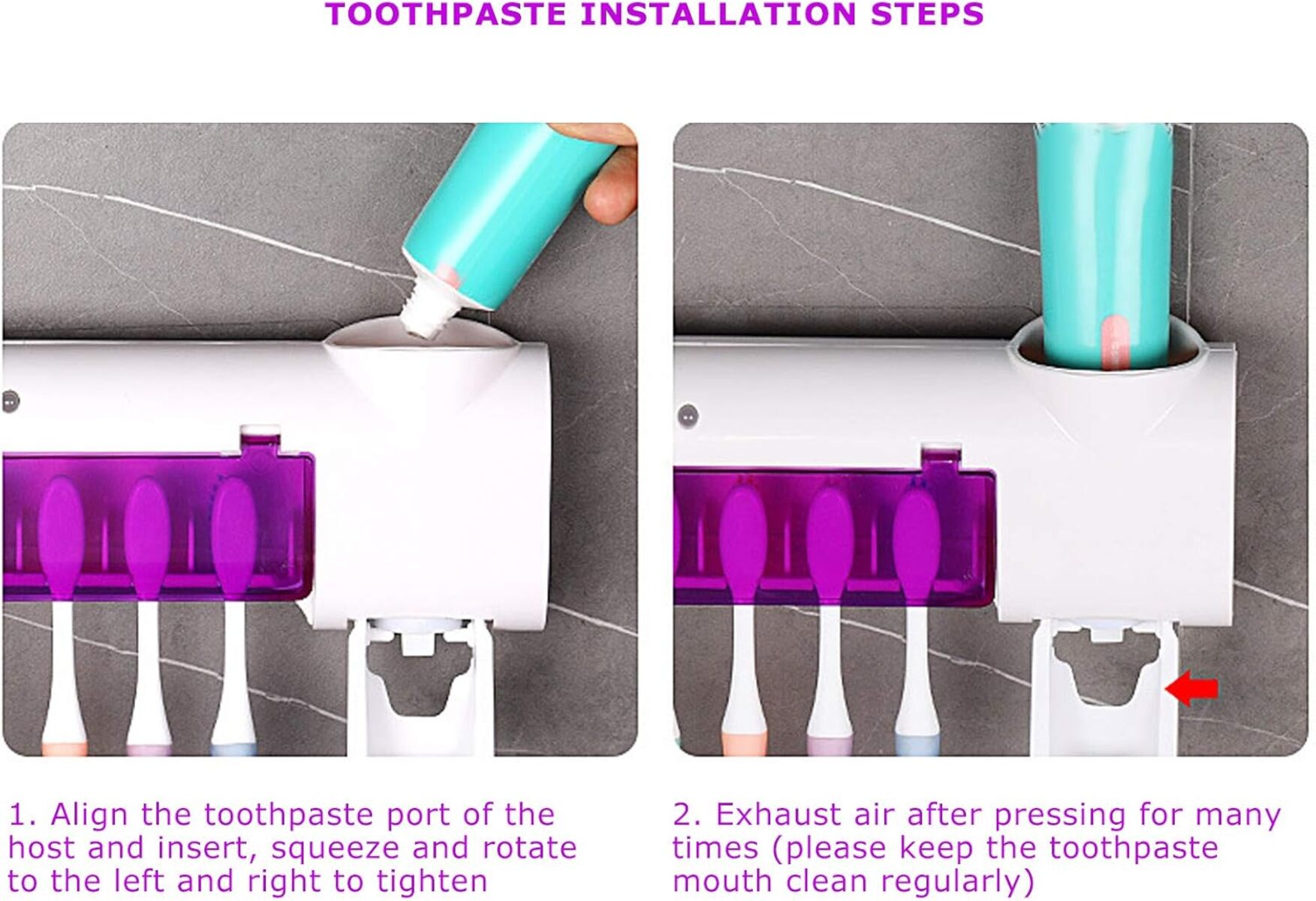 Dos imágenes muestran la instalación de un dispensador automático de pasta de dientes y cepillos.