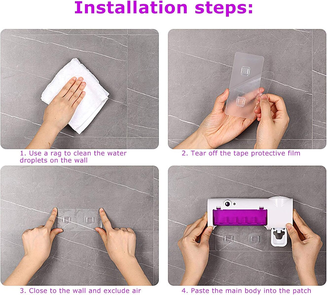 Pasos de instalación: Limpiar pared, retirar film, quitar aire, pegar cuerpo principal.