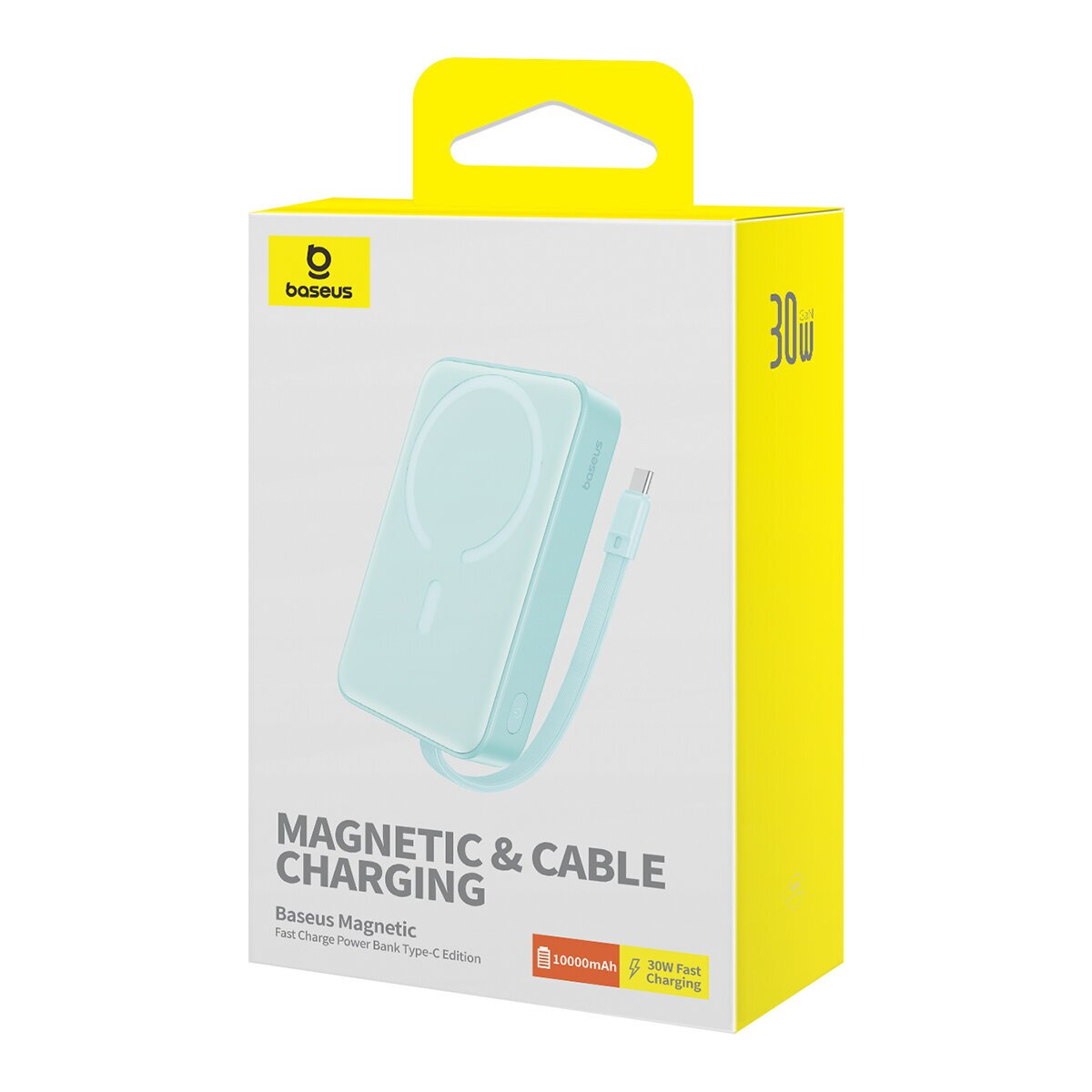 Baseus Powerbank Verpackung: Mintgrünes Gerät, 10000mAh, 30W Schnellladung.