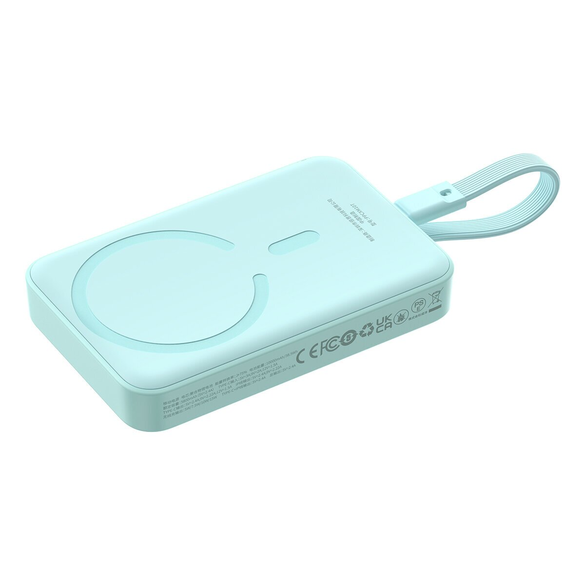 Ein türkisfarbener Powerbank mit einer magnetischen Ladefläche und einem Trageband.