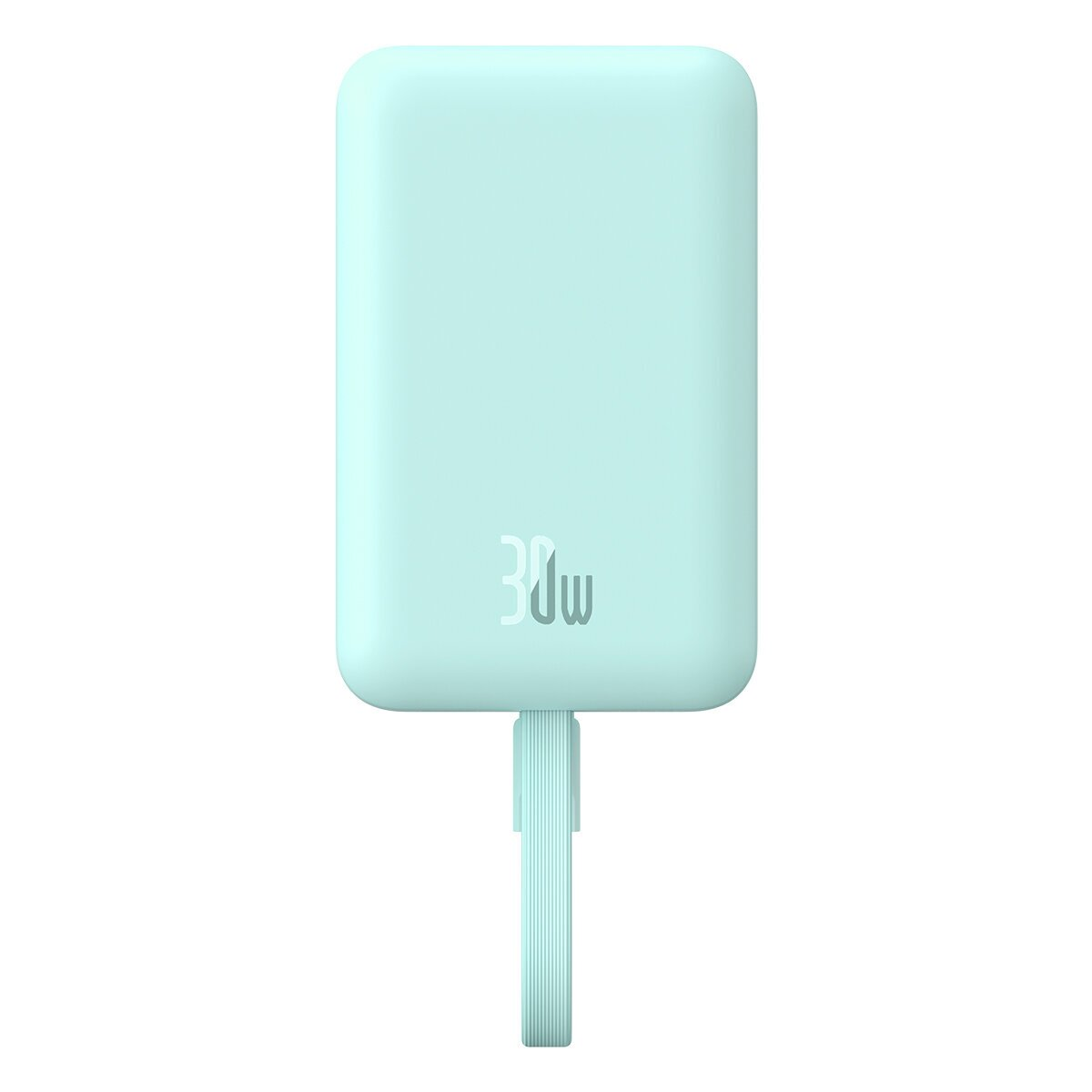 Hellblaue Powerbank mit 30W-Aufdruck und integriertem Kabel.
