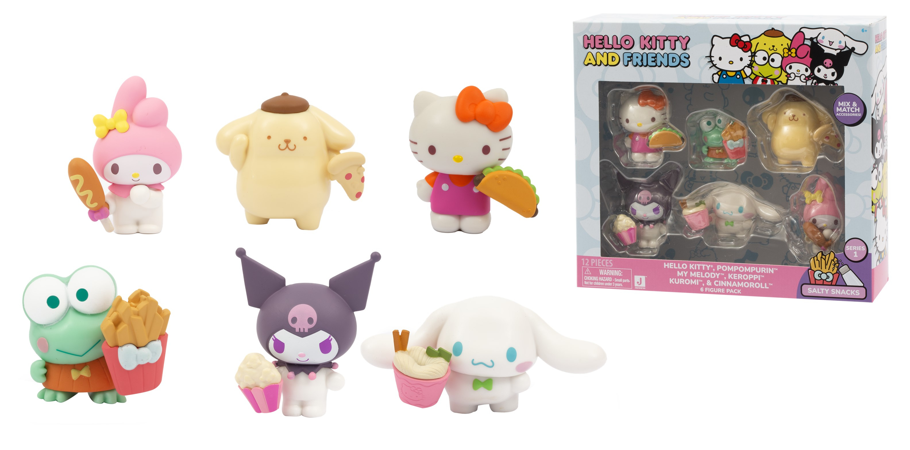 Figuras de Hello Kitty y Amigos con comida: My Melody, Pompompurin, Keroppi, Kuromi, Cinnamoroll.
