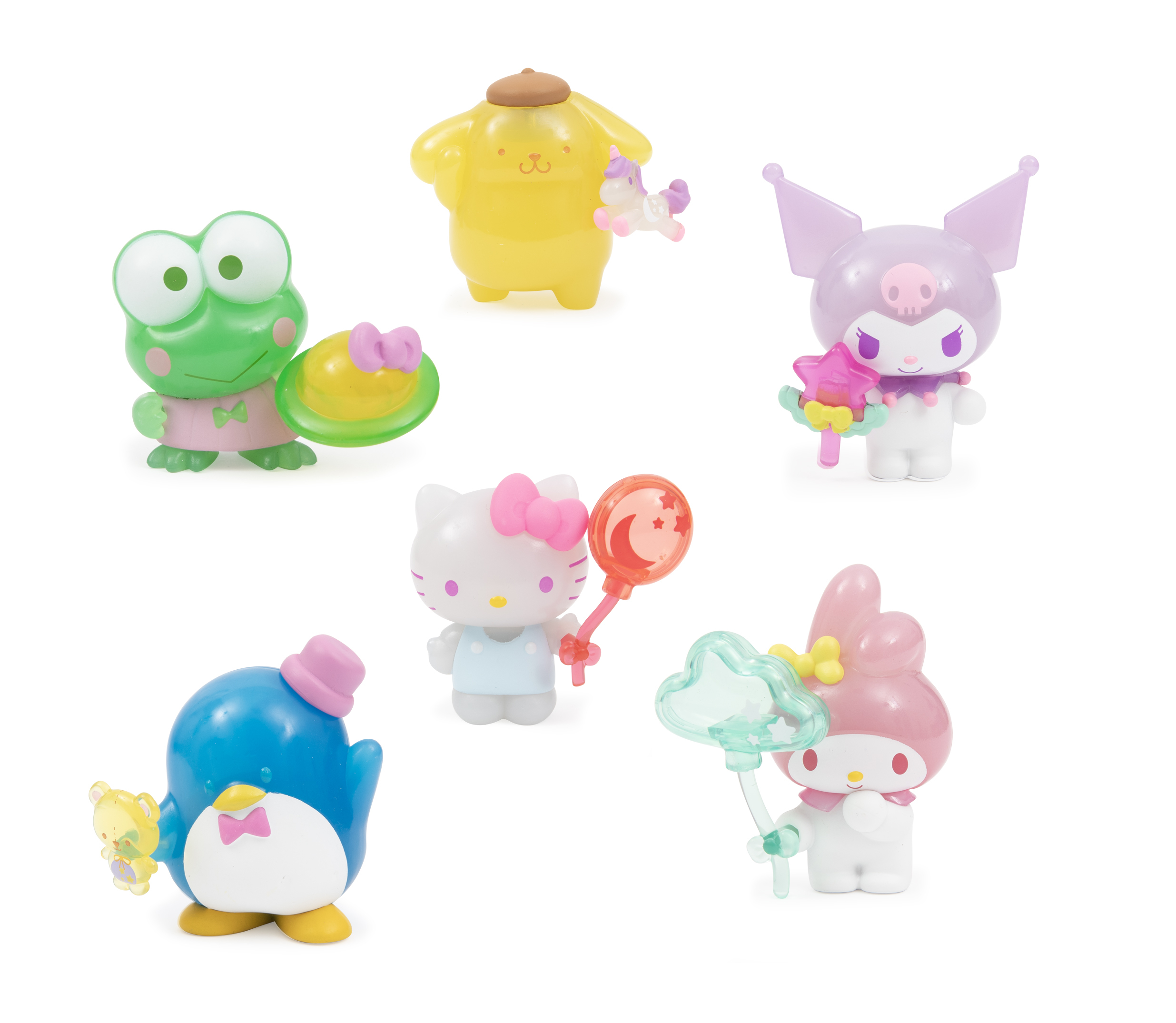 Seis figuras de juguete coloridas: rana, perro, gato, pingüino, figura morada y rosa.