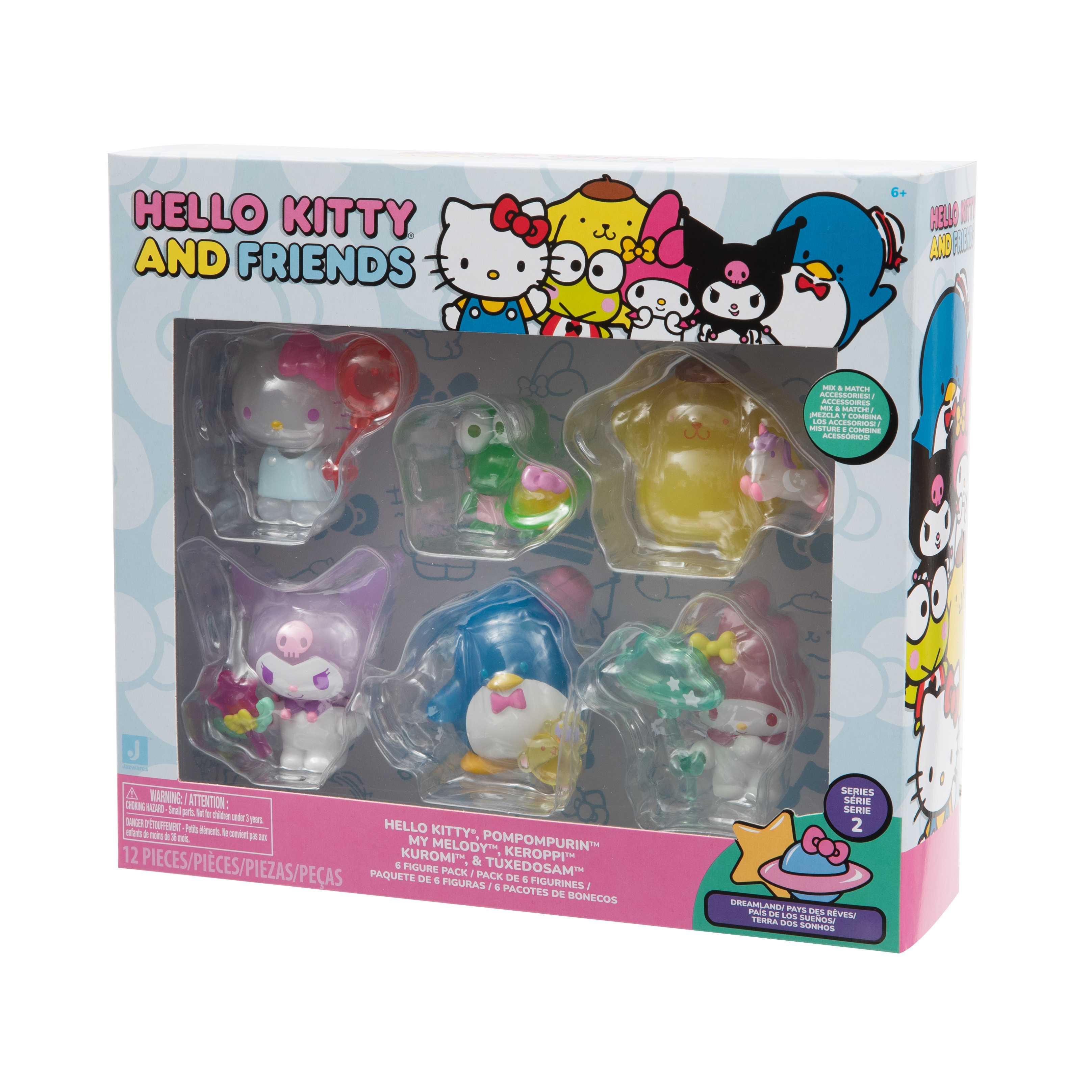 Caja de 6 figuras de Hello Kitty y Amigos: Hello Kitty, Pompompurin, My Melody, Keroppi, Kuromi, Tuxedosam.