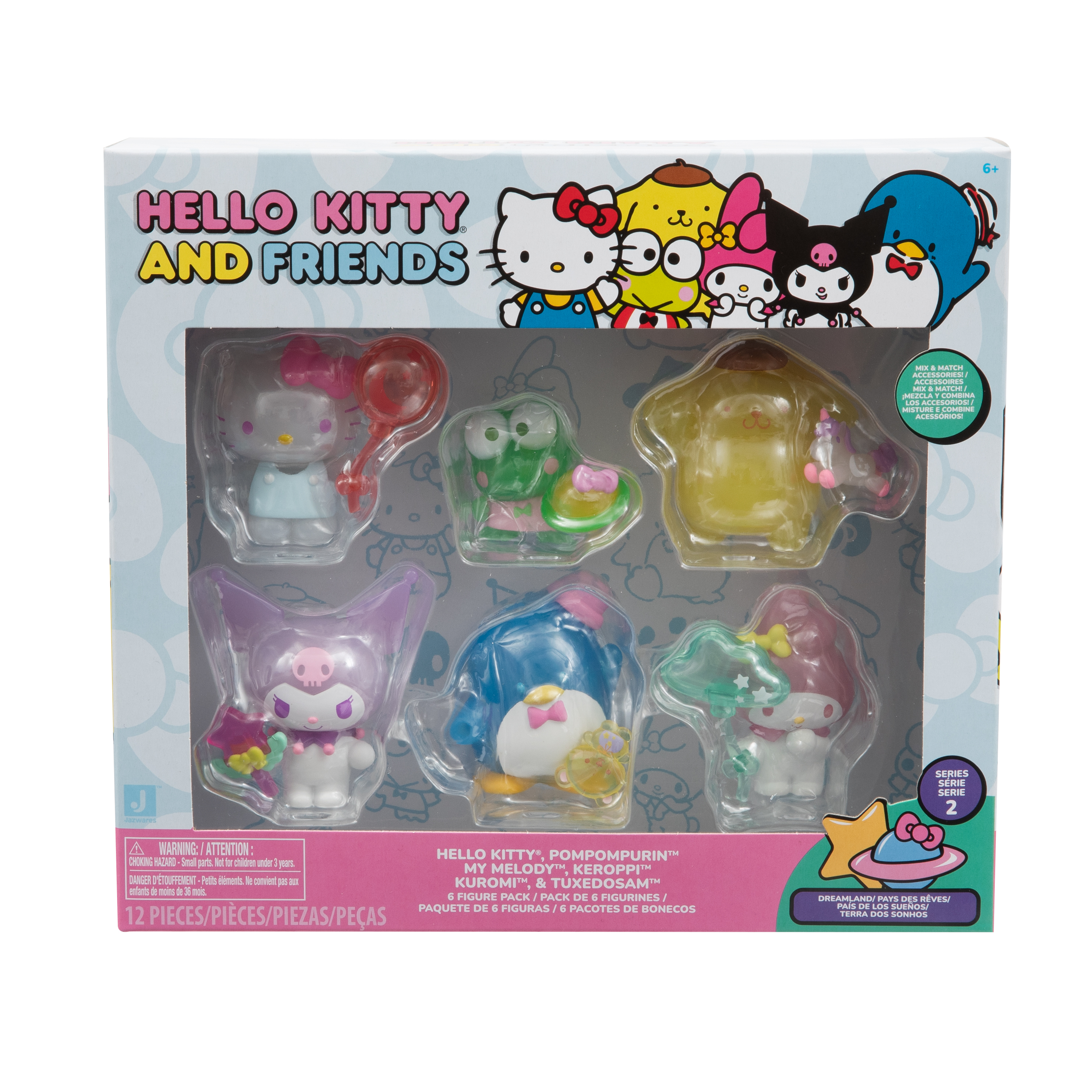 Caja con 6 figuras de Hello Kitty y Amigos, incluyendo Hello Kitty, Keroppi y Kuromi.