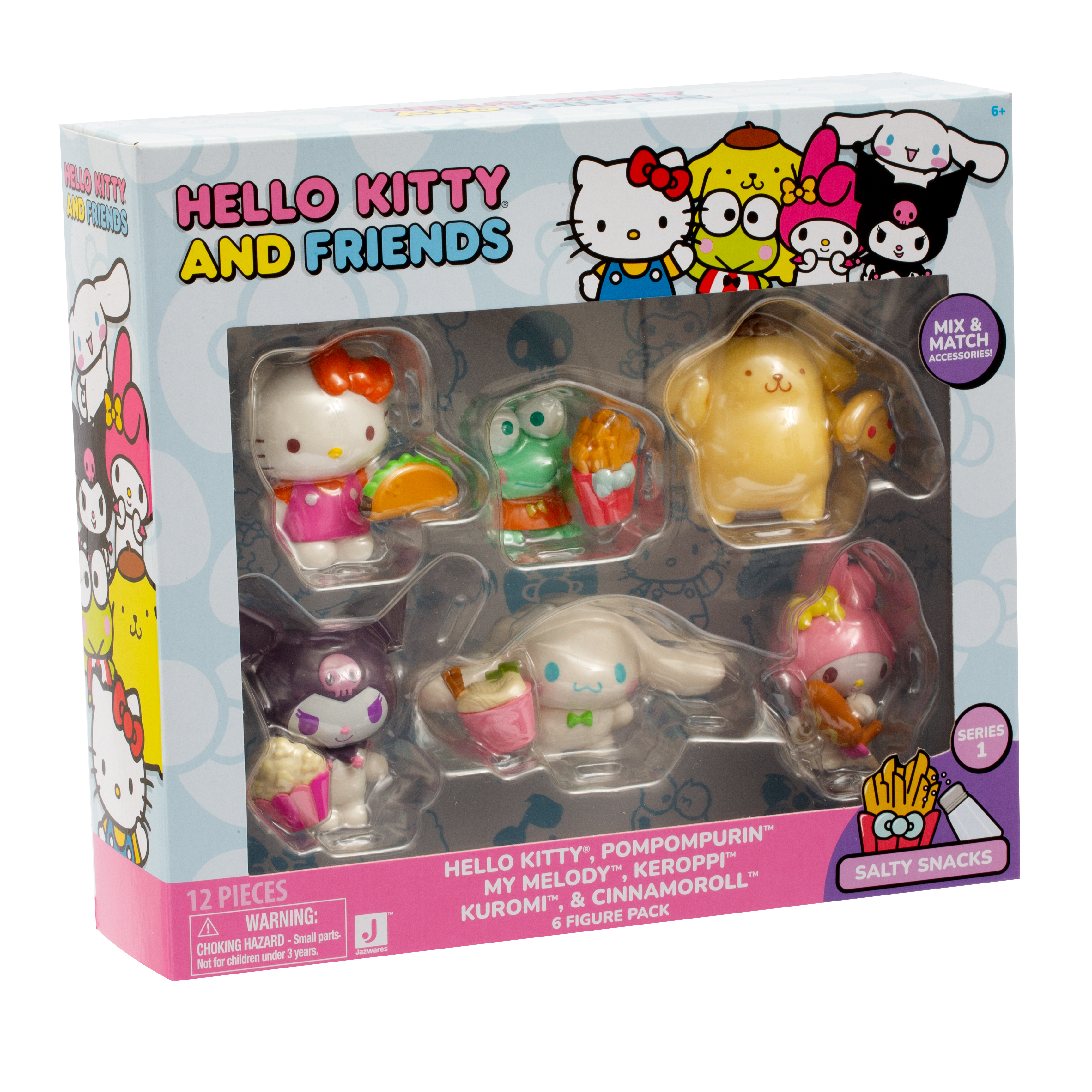 Pack de 6 figuras de Hello Kitty y amigos con snacks, incluye 6 figuras y accesorios.