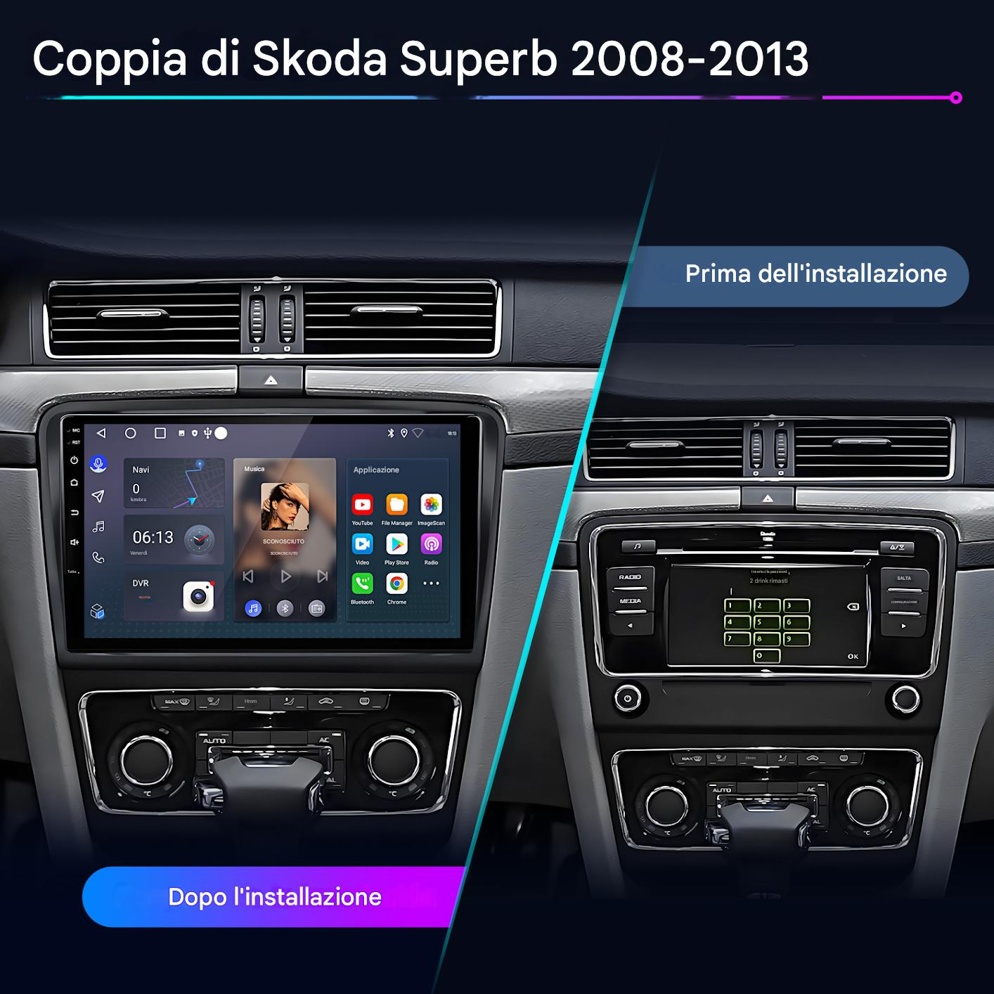 Confronto prima/dopo autoradio Skoda Superb. A sinistra nuova app, a destra originale.