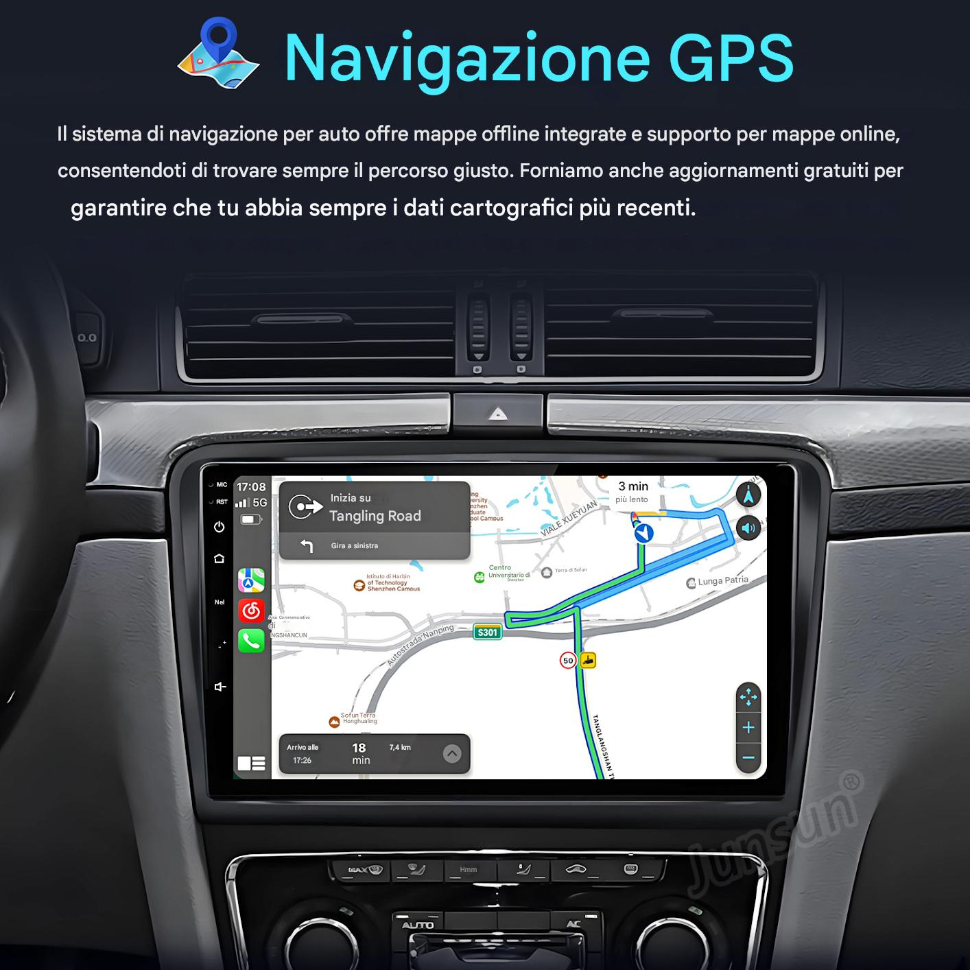 Viene visualizzato un sistema di navigazione per auto con mappe offline e online.