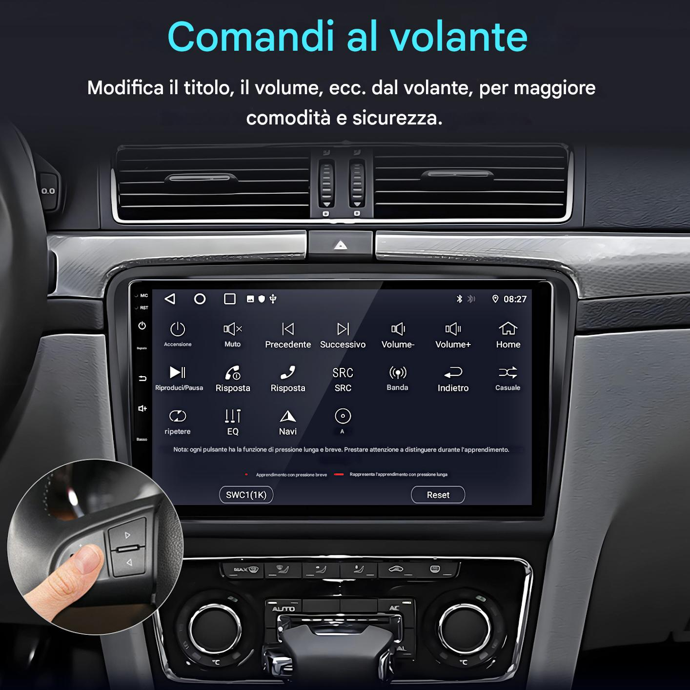 Un dito preme un pulsante sul volante, con uno schermo di infotainment per auto visualizzato.