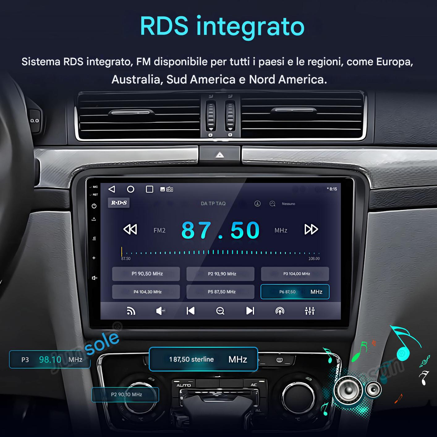Cruscotto auto con schermo infotainment che mostra stazioni radio e frequenze.