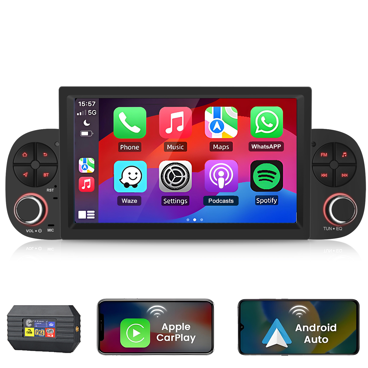 Autoradio con touchscreen che mostra app come Telefono, Musica e Mappe.